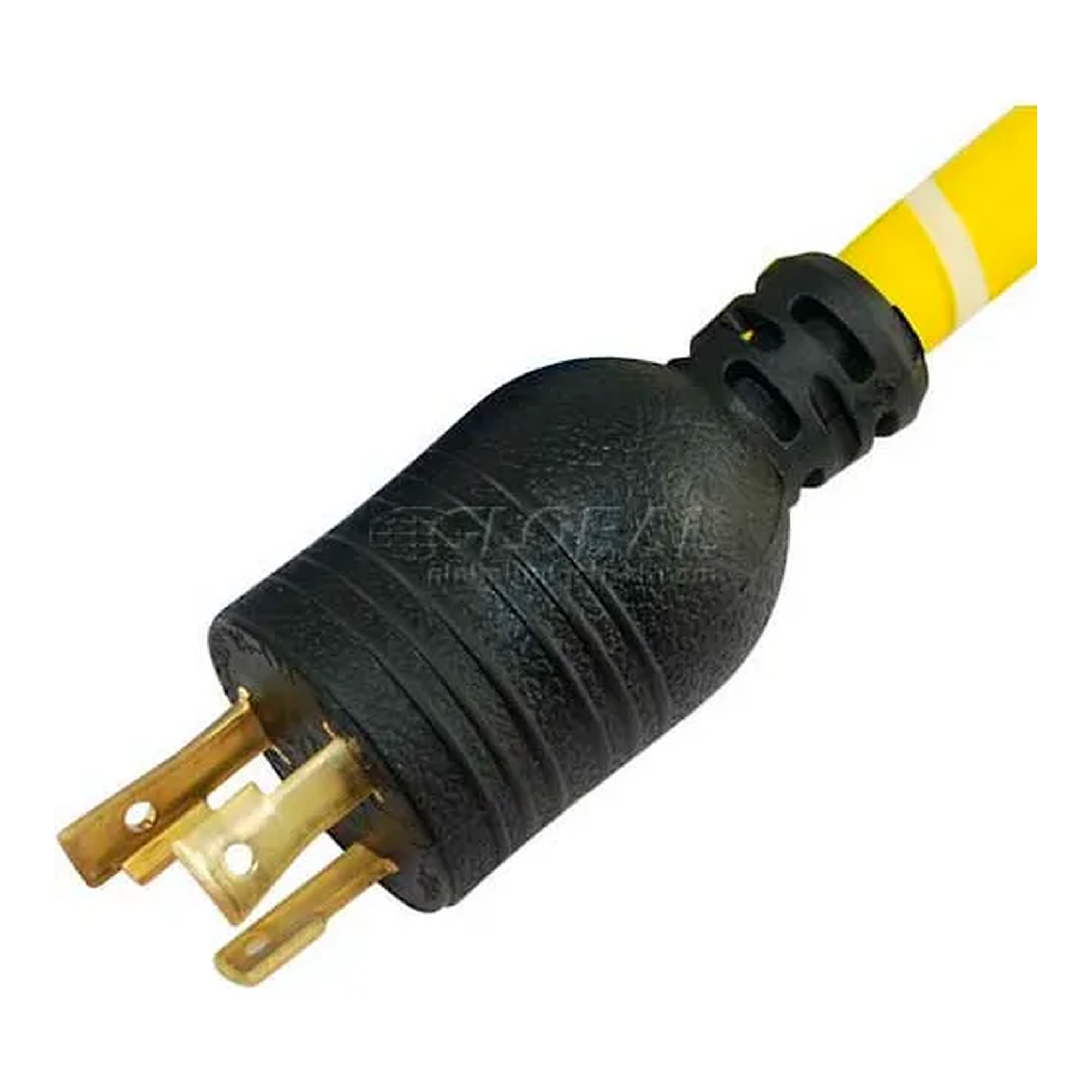 Yellow 30 amp generator tri-outlet locking adapter with three household receptacles