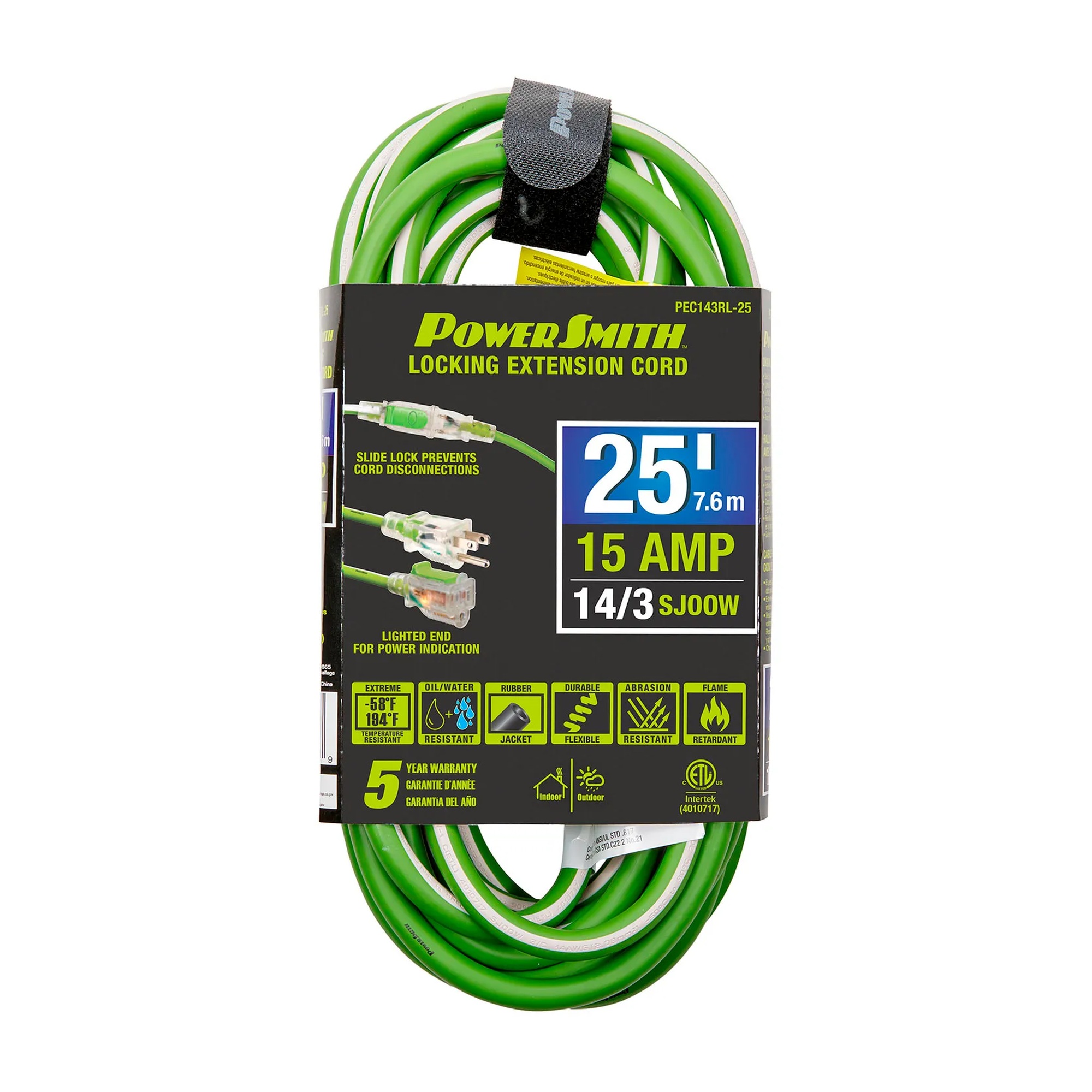 25 ft. Lighted Locking SJOOW Extension Cord, 14/3, 15A, Green