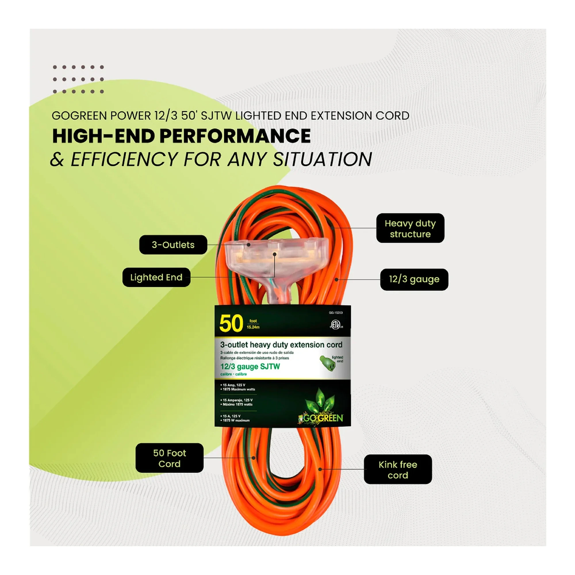 Orange 50 ft. 12/3 three-outlet heavy-duty extension cord with lighted end