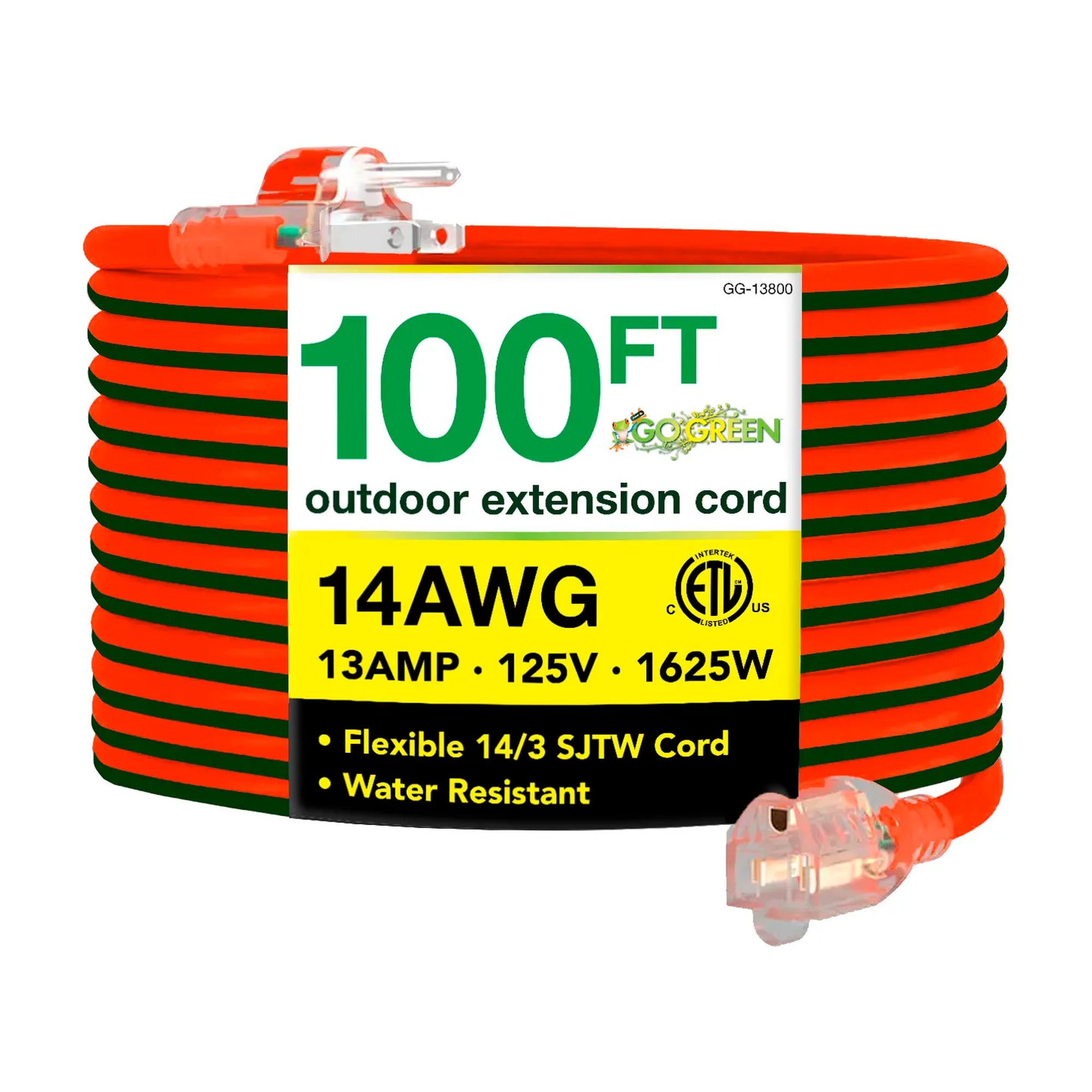 100-Ft. 14/3 SJTW-A Extension Cord with Lighted Ends, Orange/Green