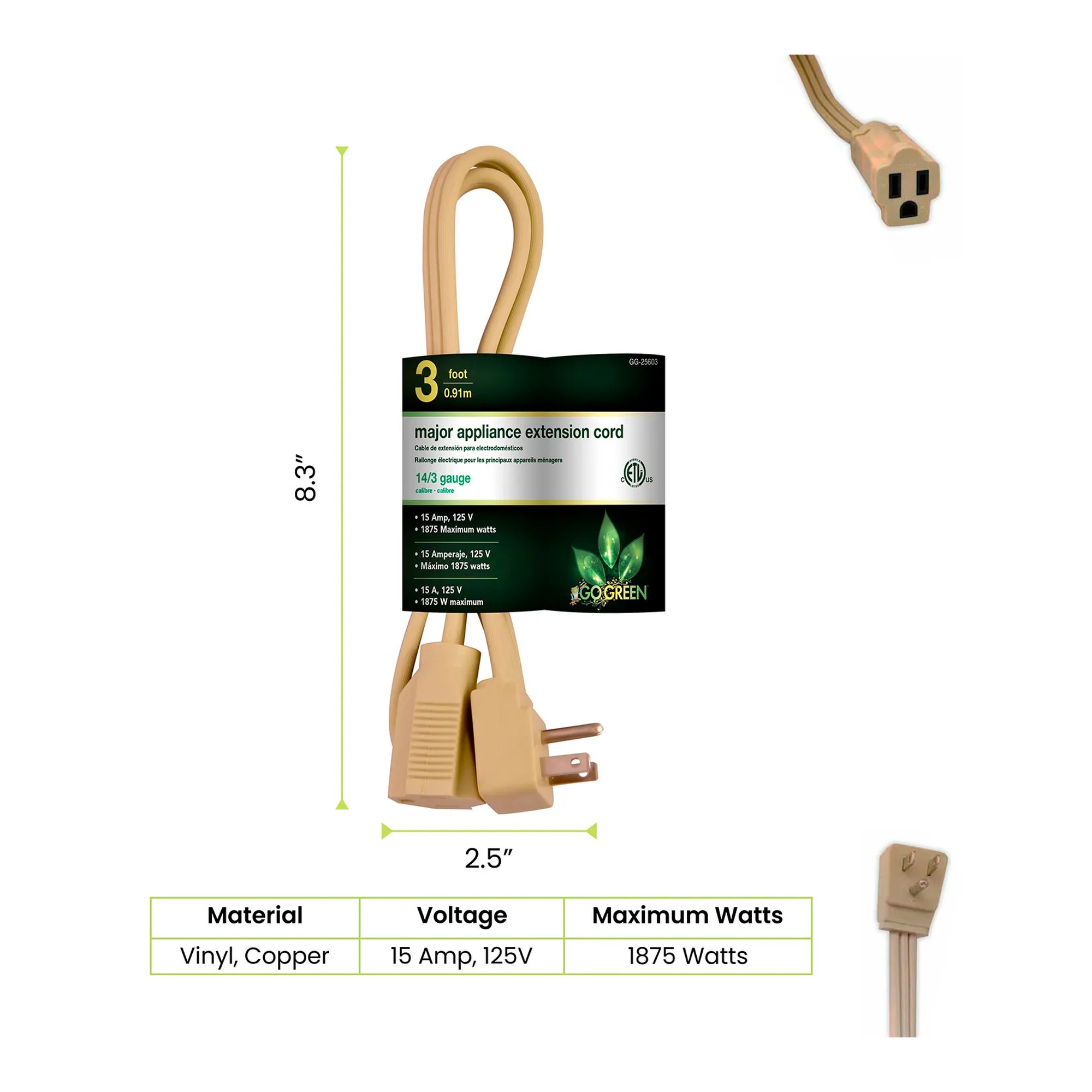 Tan 3 ft. 14/3 SPT-3 appliance cord