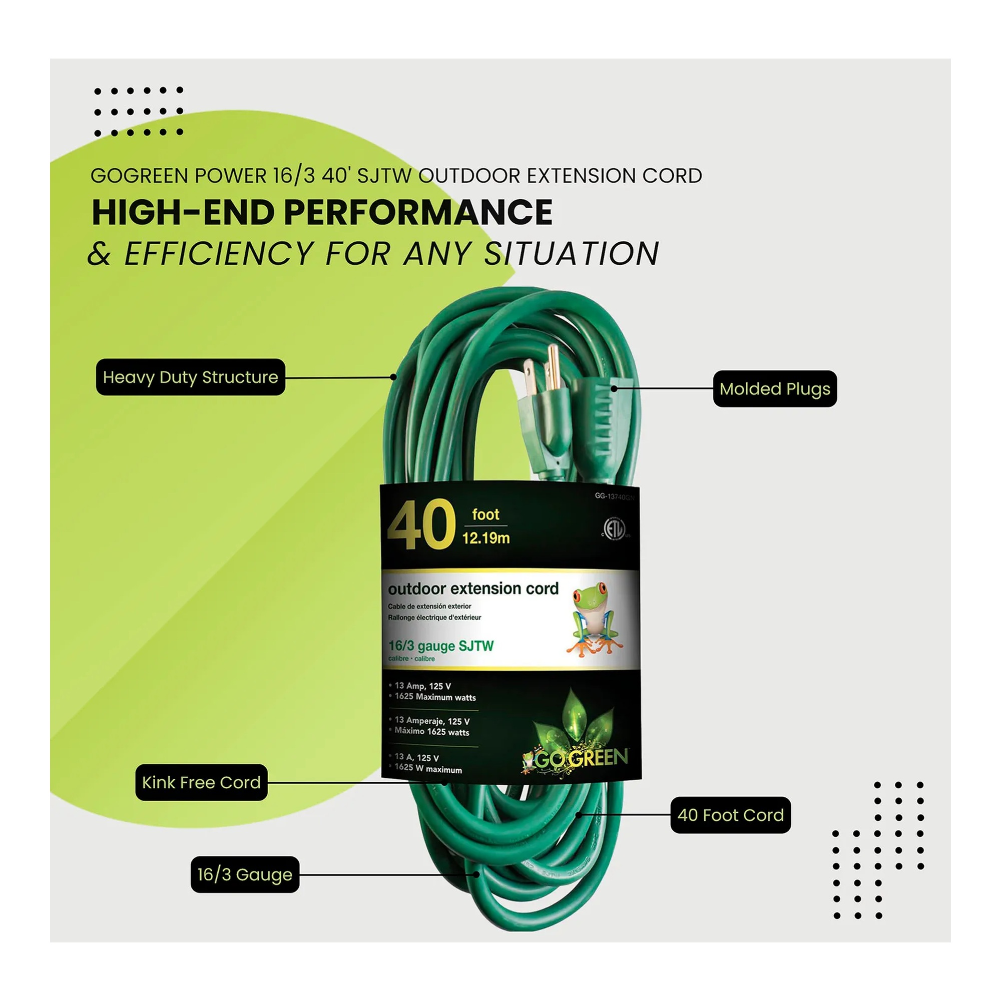 Green 40 ft. 16/3 SJTW heavy-duty extension cord