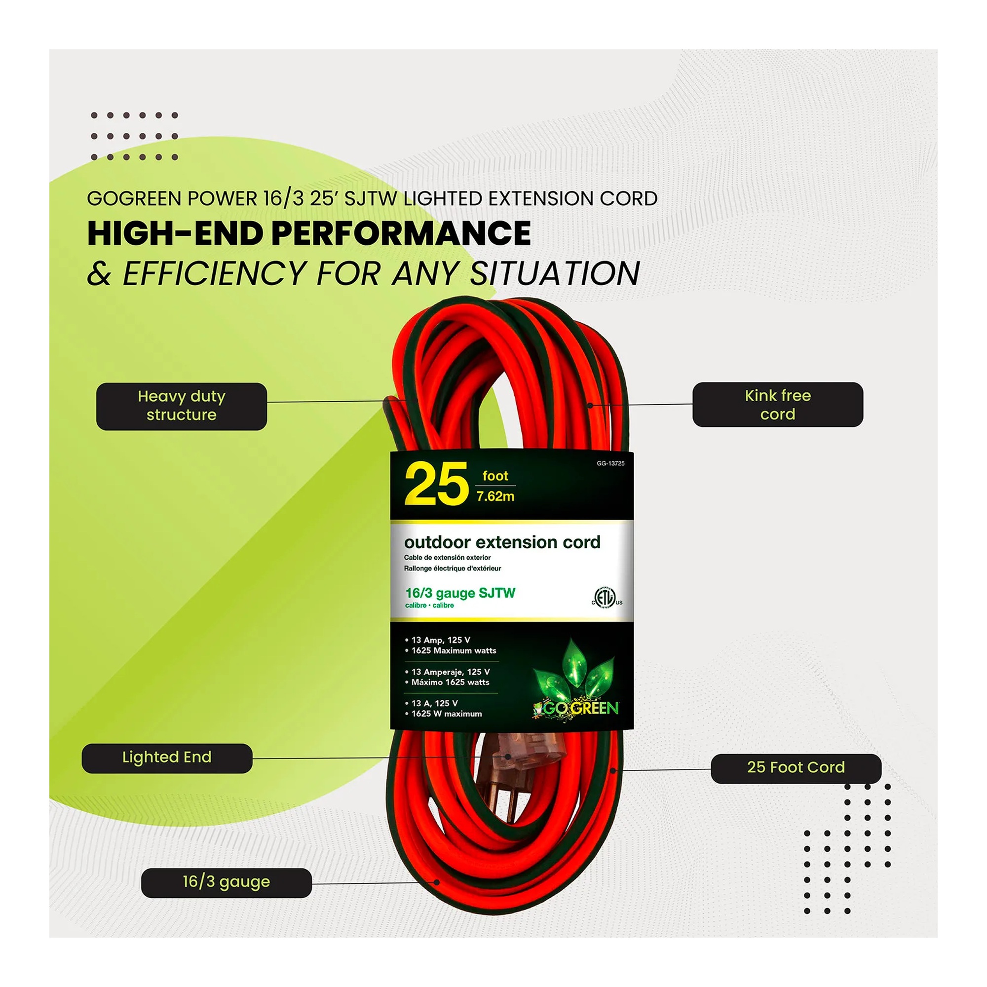 Orange 25-foot 16/3 SJTW outdoor extension cord with green lighted ends