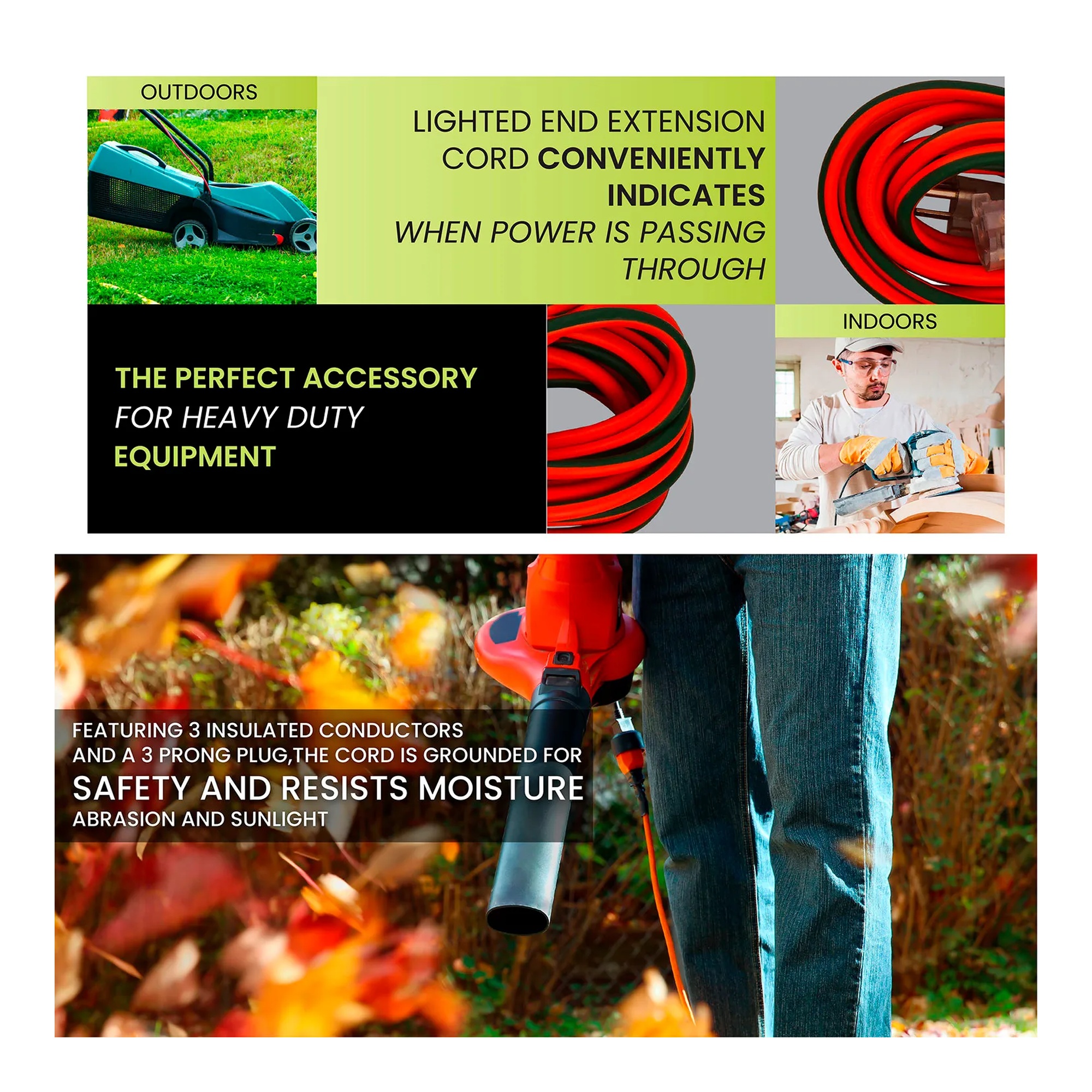Orange 25-foot 16/3 SJTW outdoor extension cord with green lighted ends