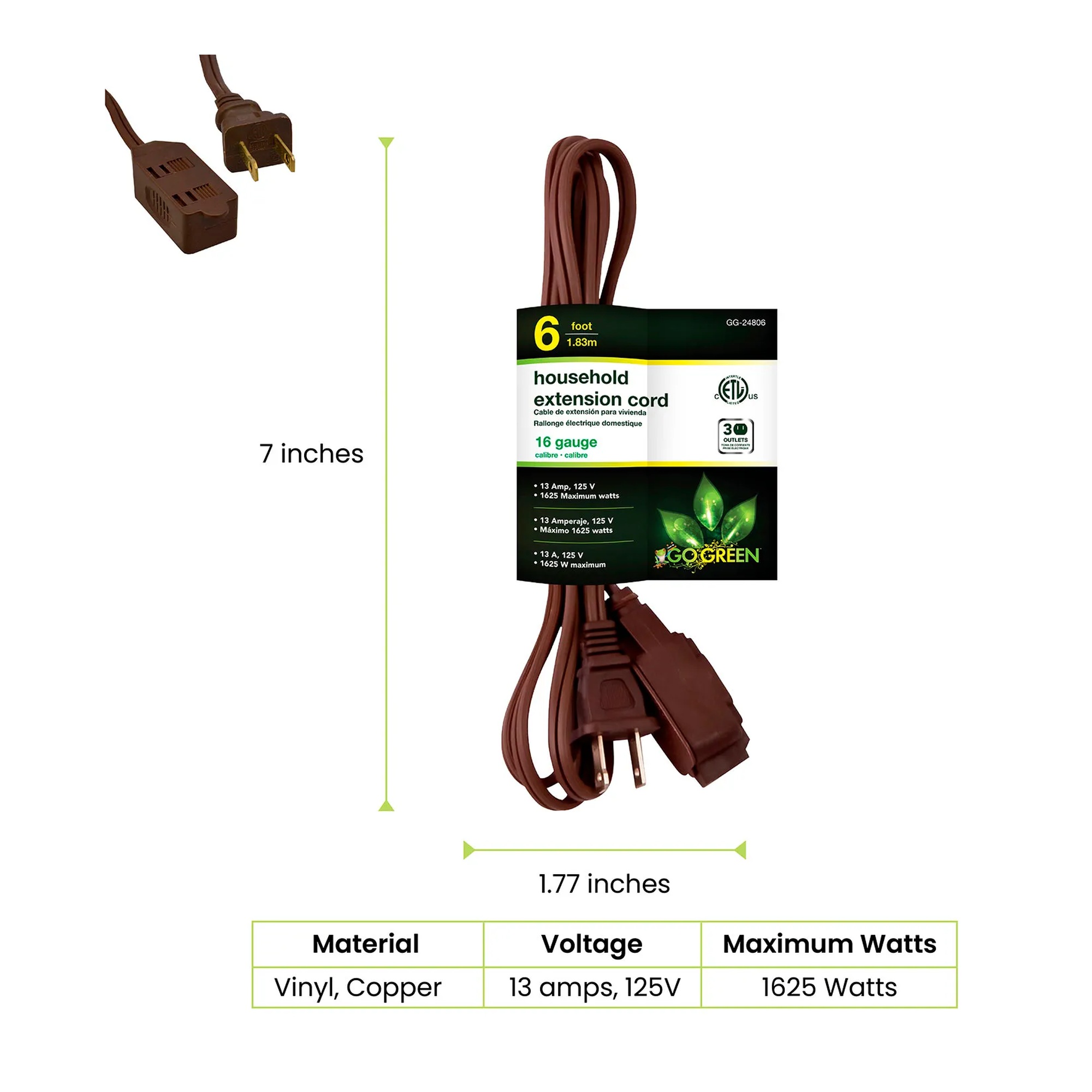 Brown 6-foot household extension cord