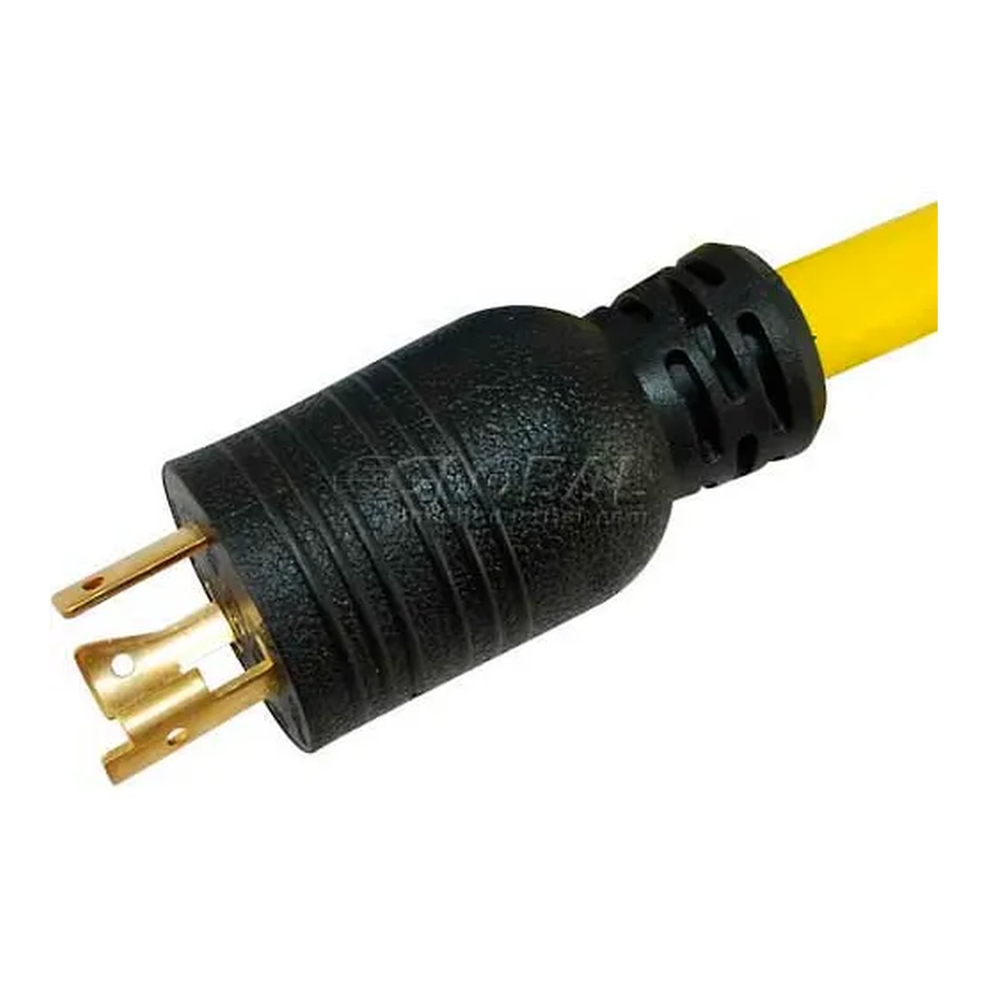 Yellow 20A generator tri-outlet locking adapter with three household-style receptacles