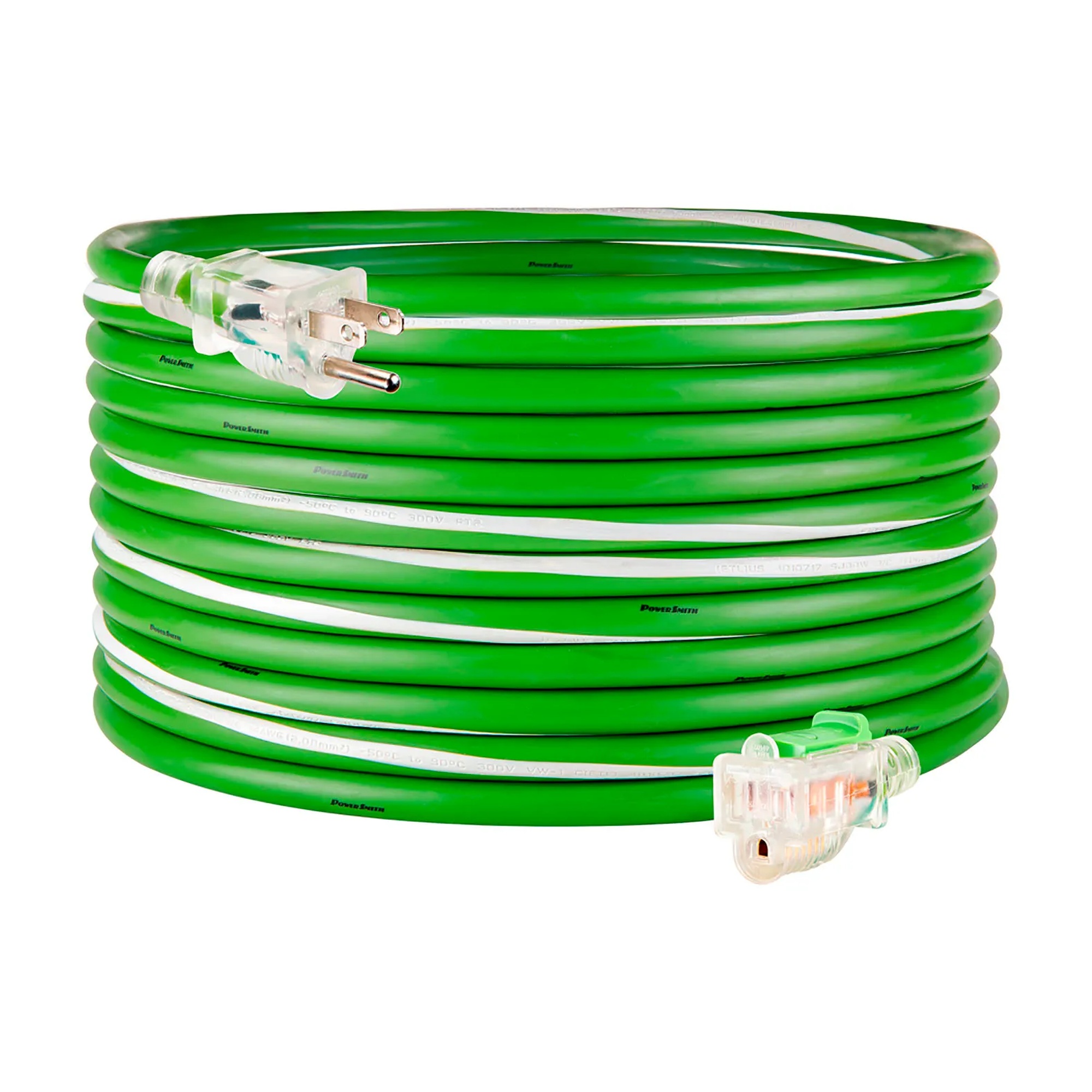 Green 50-foot lighted locking 14/3 15A SJOOW extension cord