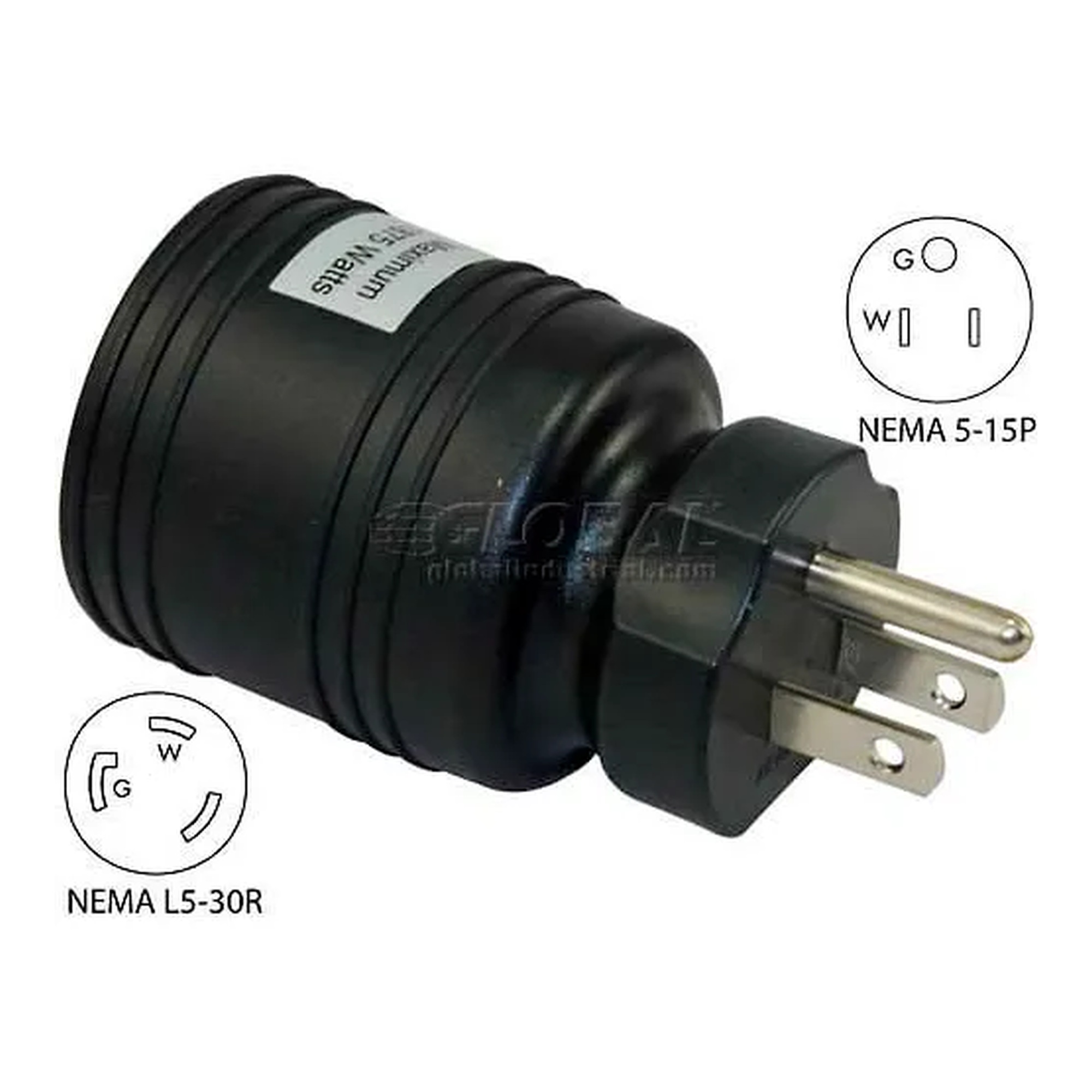 Black 15A to 30A locking power adapter with NEMA 5-15P plug and NEMA L5-30R receptacle