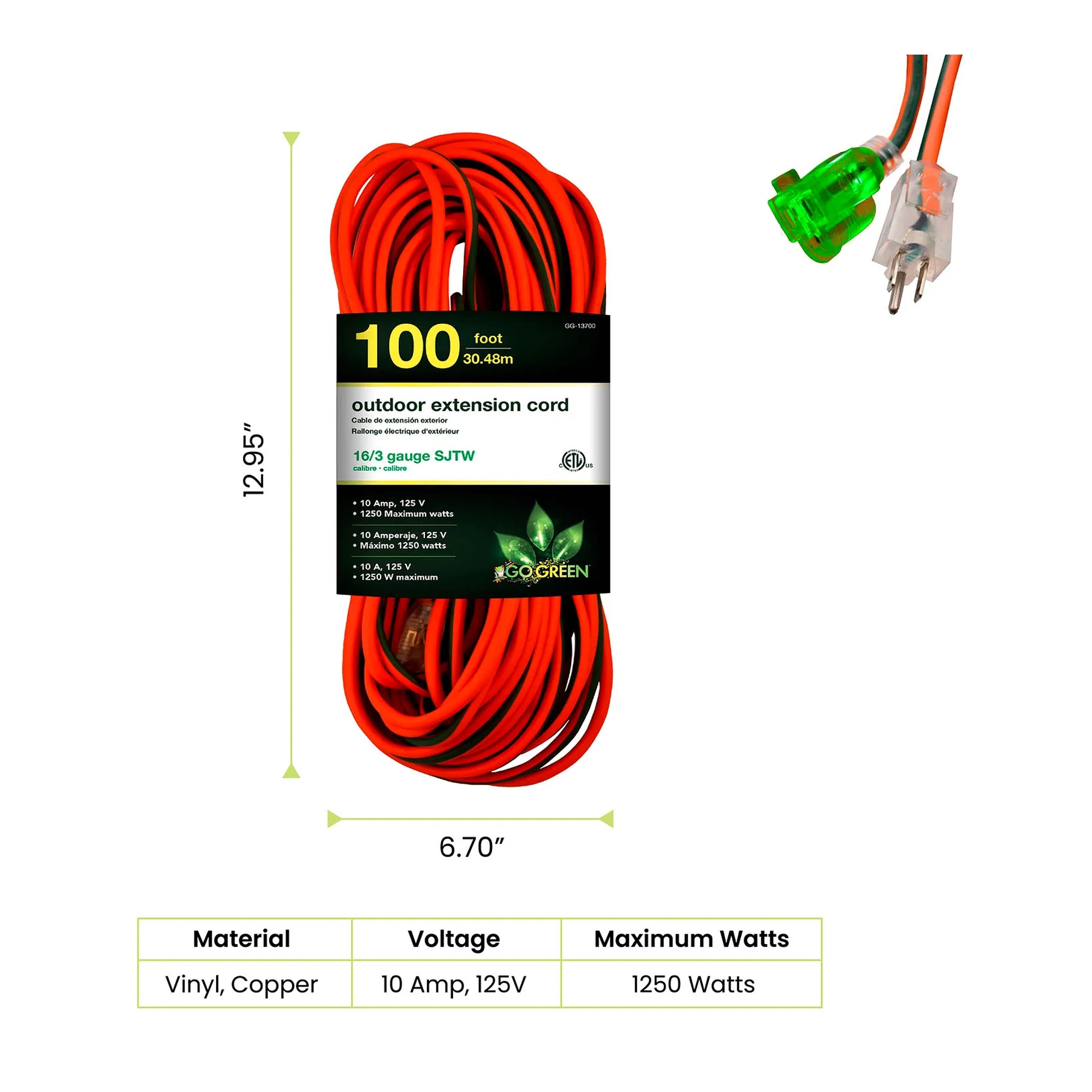 Orange 100-foot extension cord with green lighted end plugs