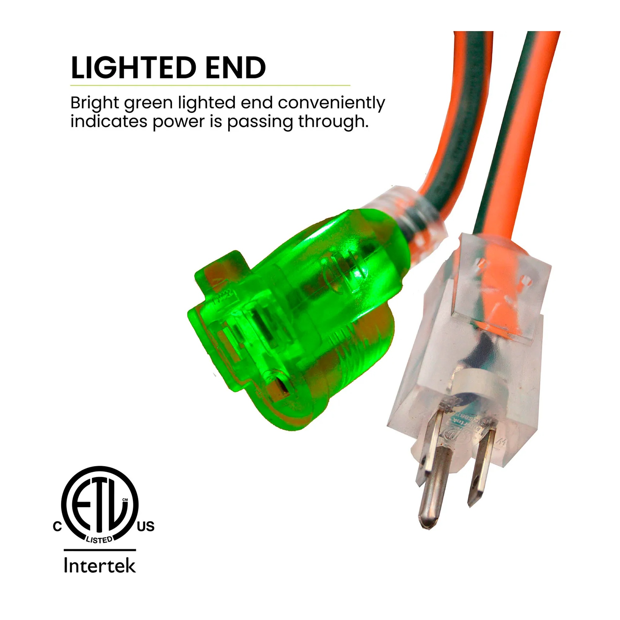 Orange 100-foot extension cord with green lighted end plugs