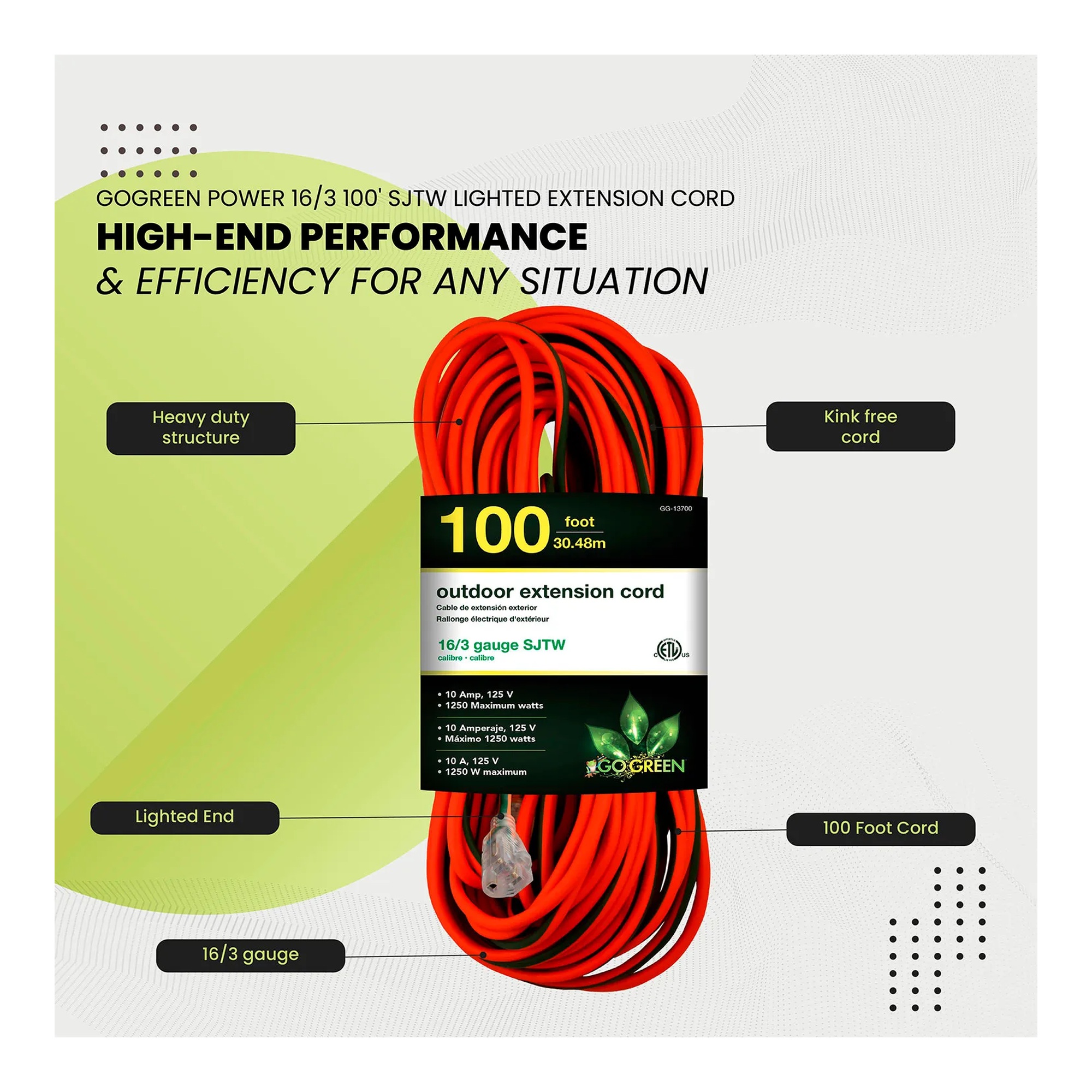 Orange 100-foot extension cord with green lighted end plugs