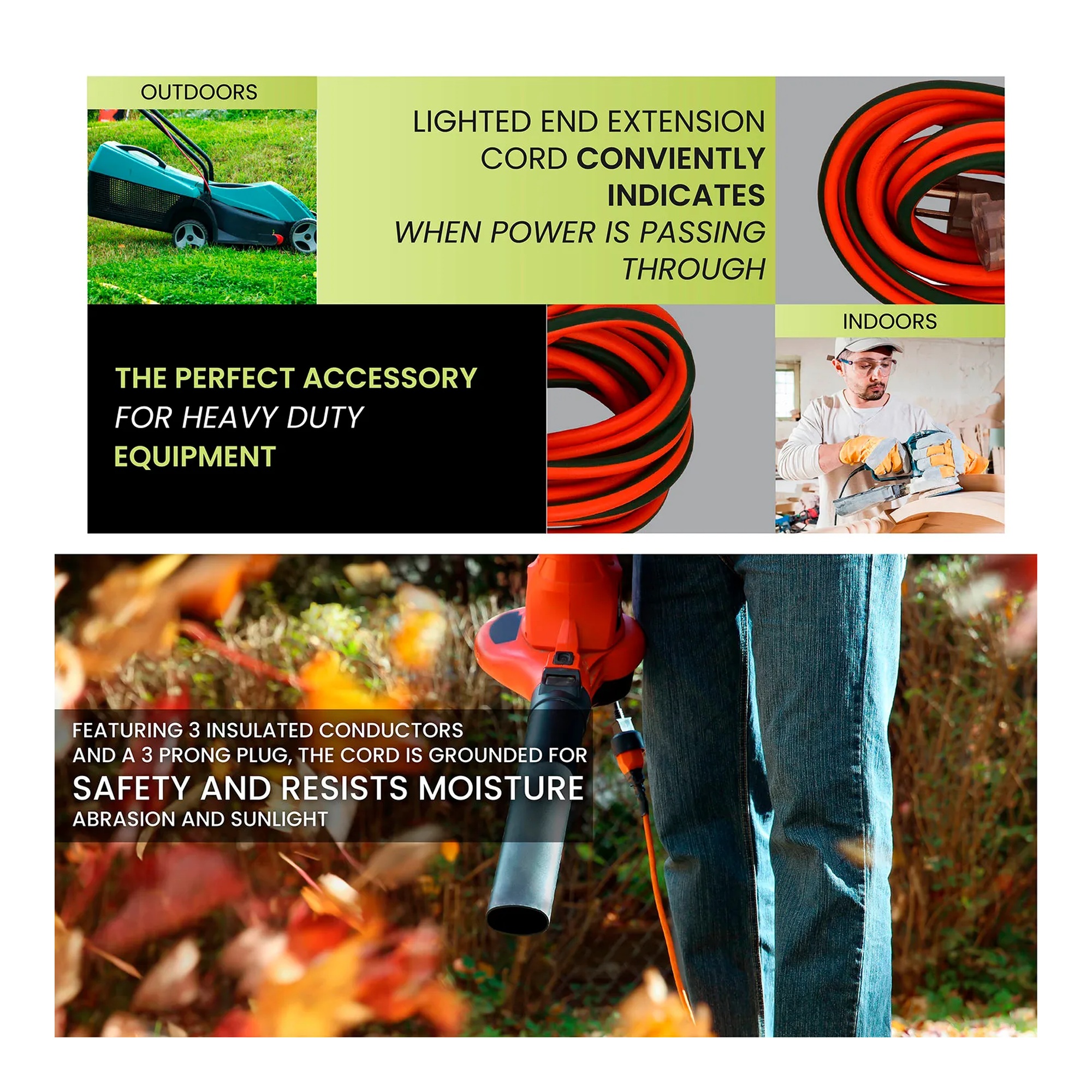 Orange 100-foot extension cord with green lighted end plugs
