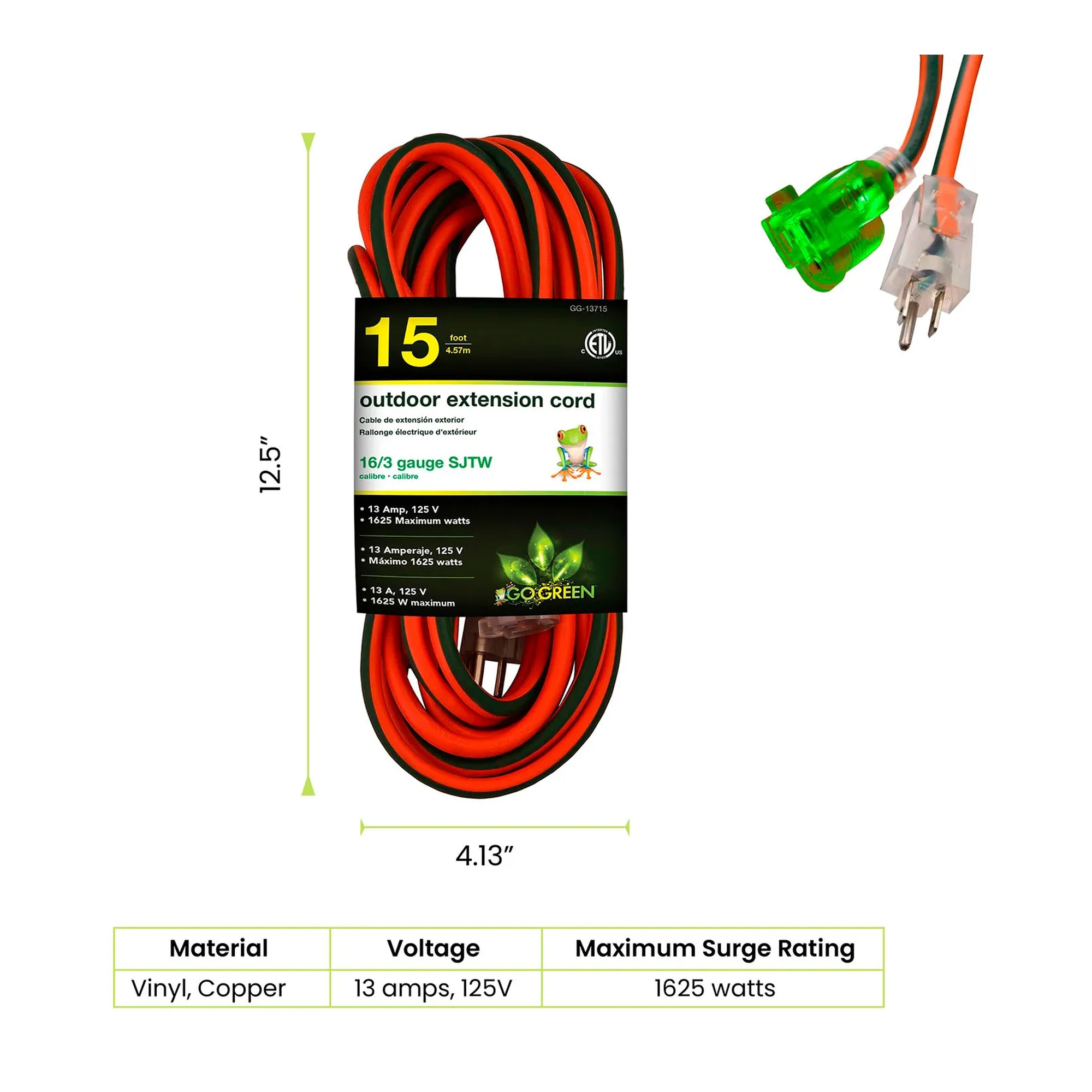 Orange 15-foot 16/3 SJTW extension cord with lighted green end