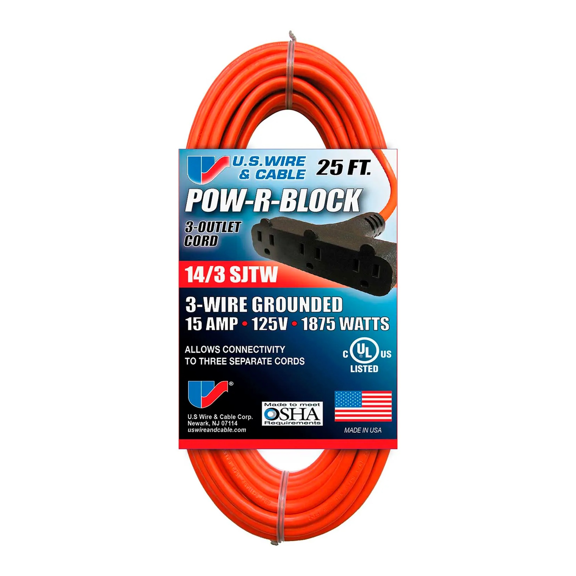25 Ft. 14/3 Orange Three-Conductor Extension Cord with Three-Outlet Block