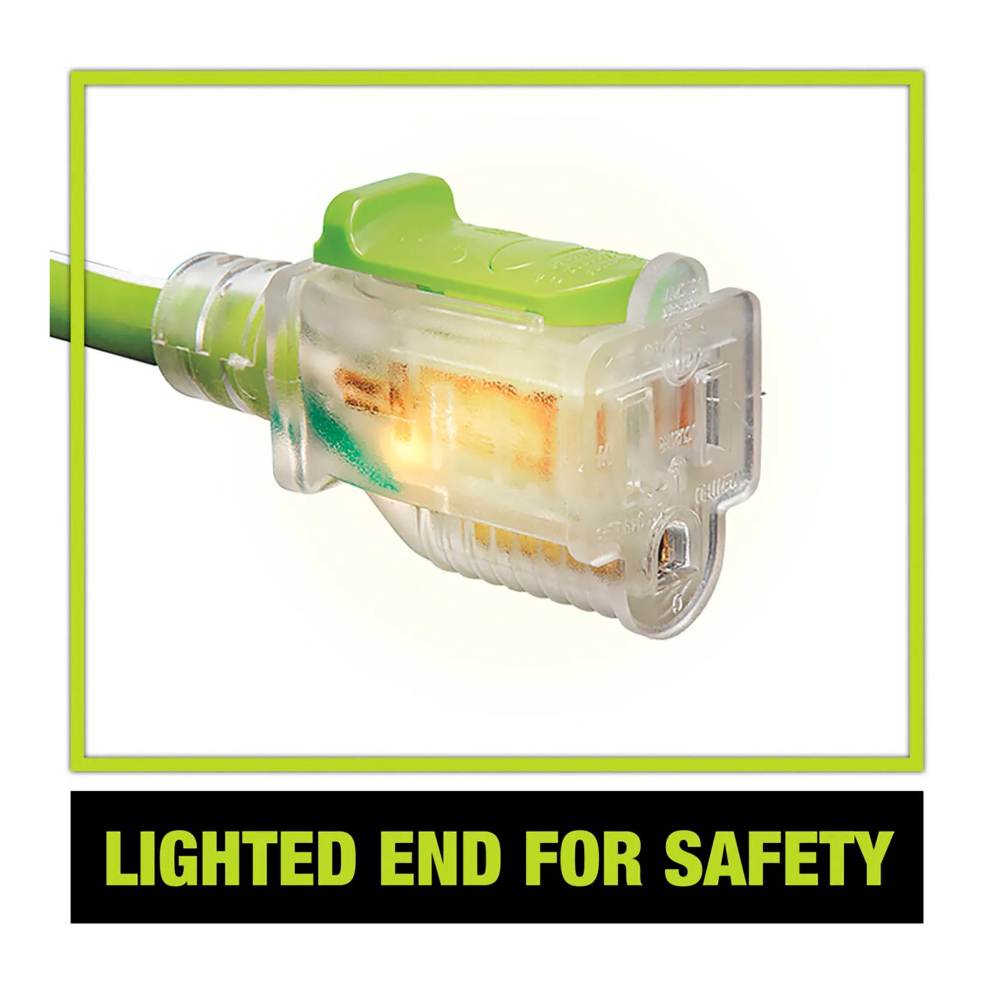 Green 100 ft. 14/3 SJOOW locking extension cord with lighted end