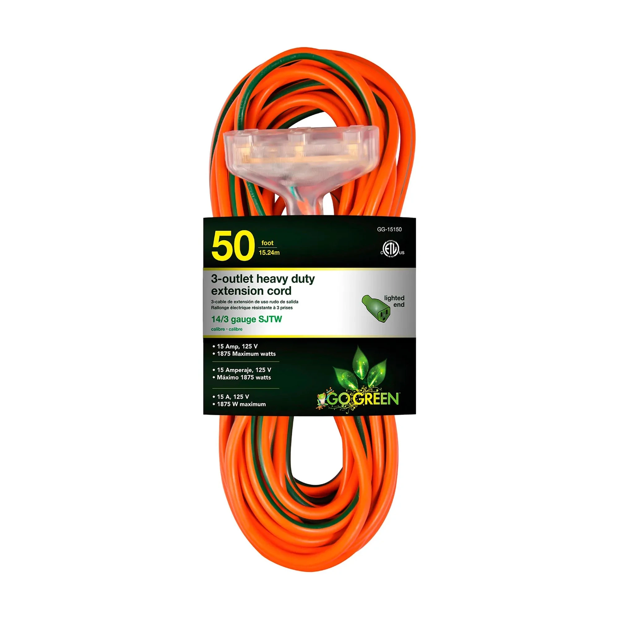 50-Foot 14/3 Heavy-Duty 3-Outlet Extension Cord with Lighted End