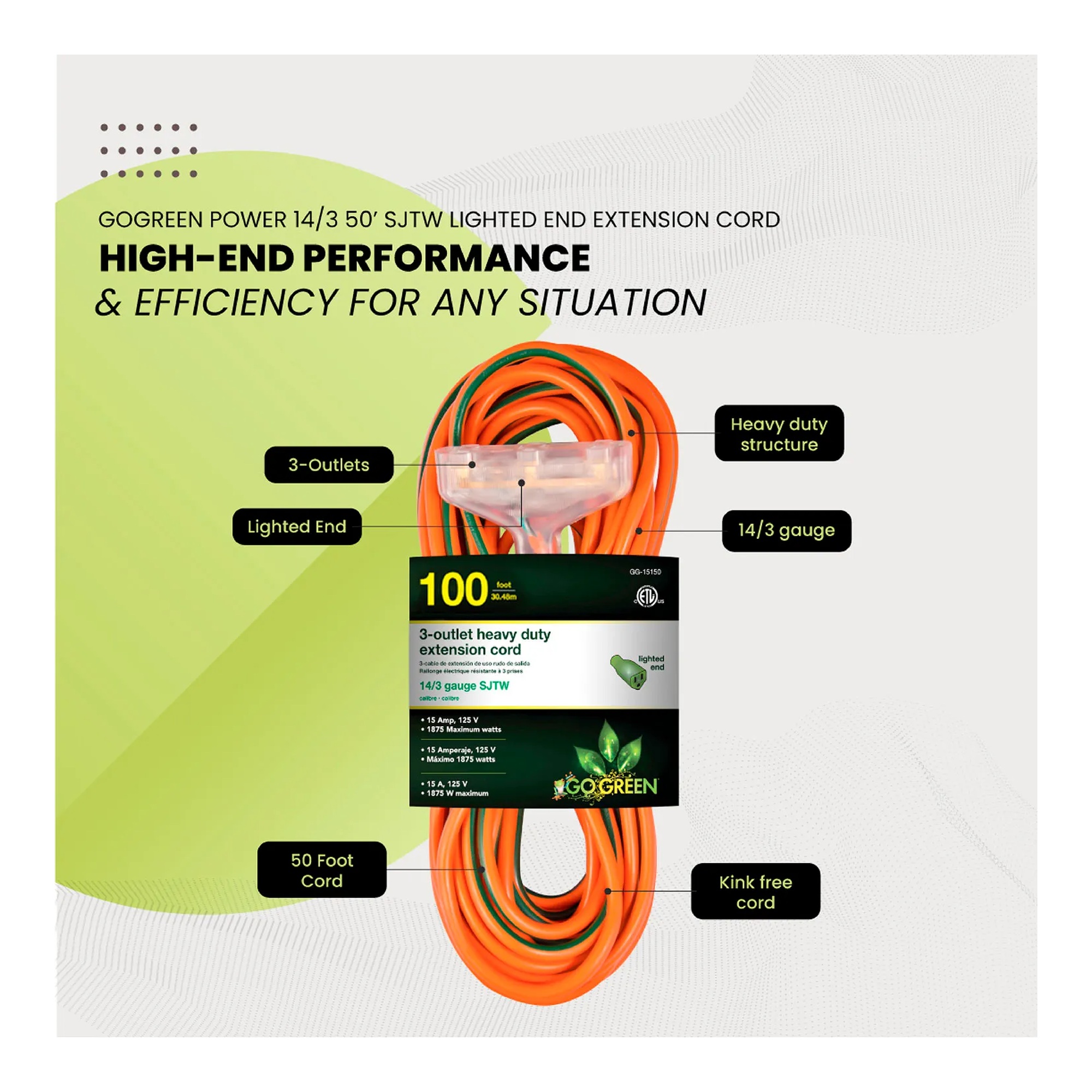 Orange 100 ft. heavy-duty extension cord with three-outlet lighted end