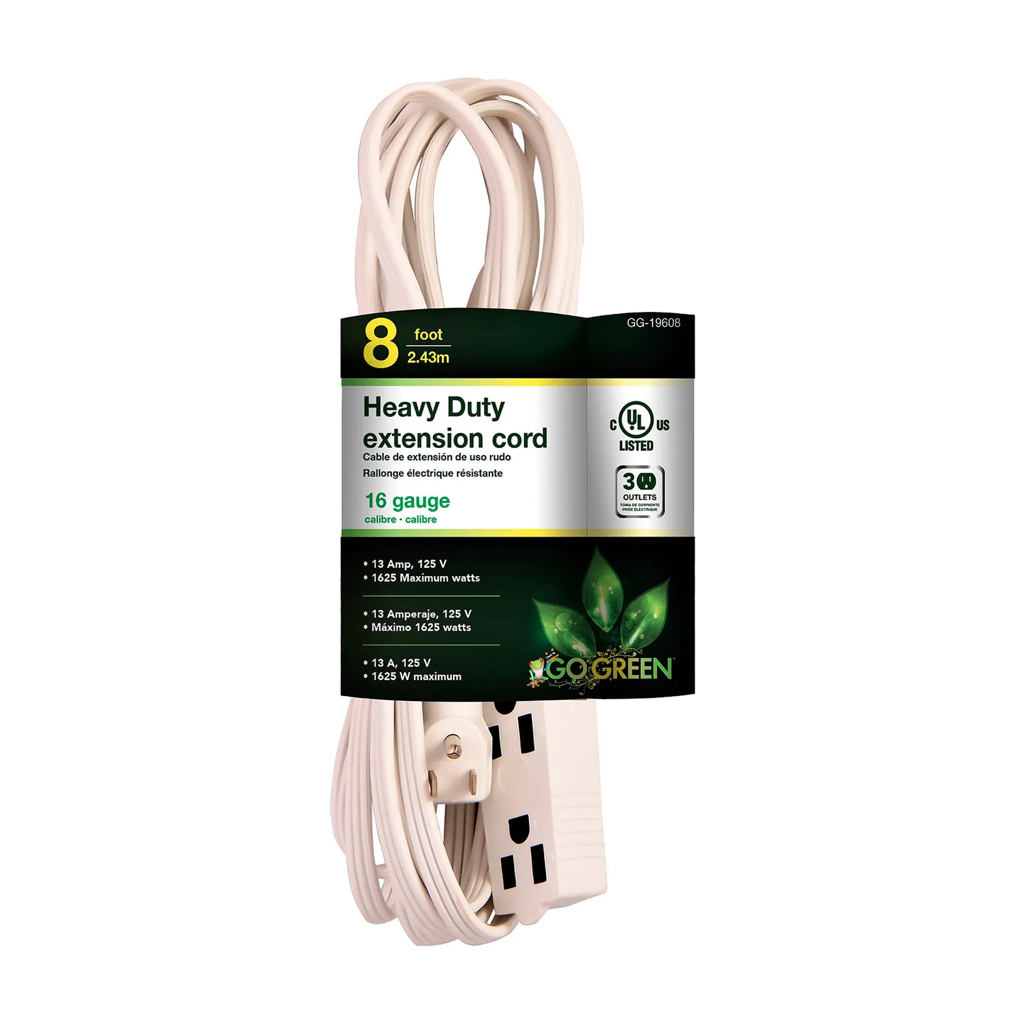 8-Foot 3-Outlet Extension Cord with Right-Angle Plug