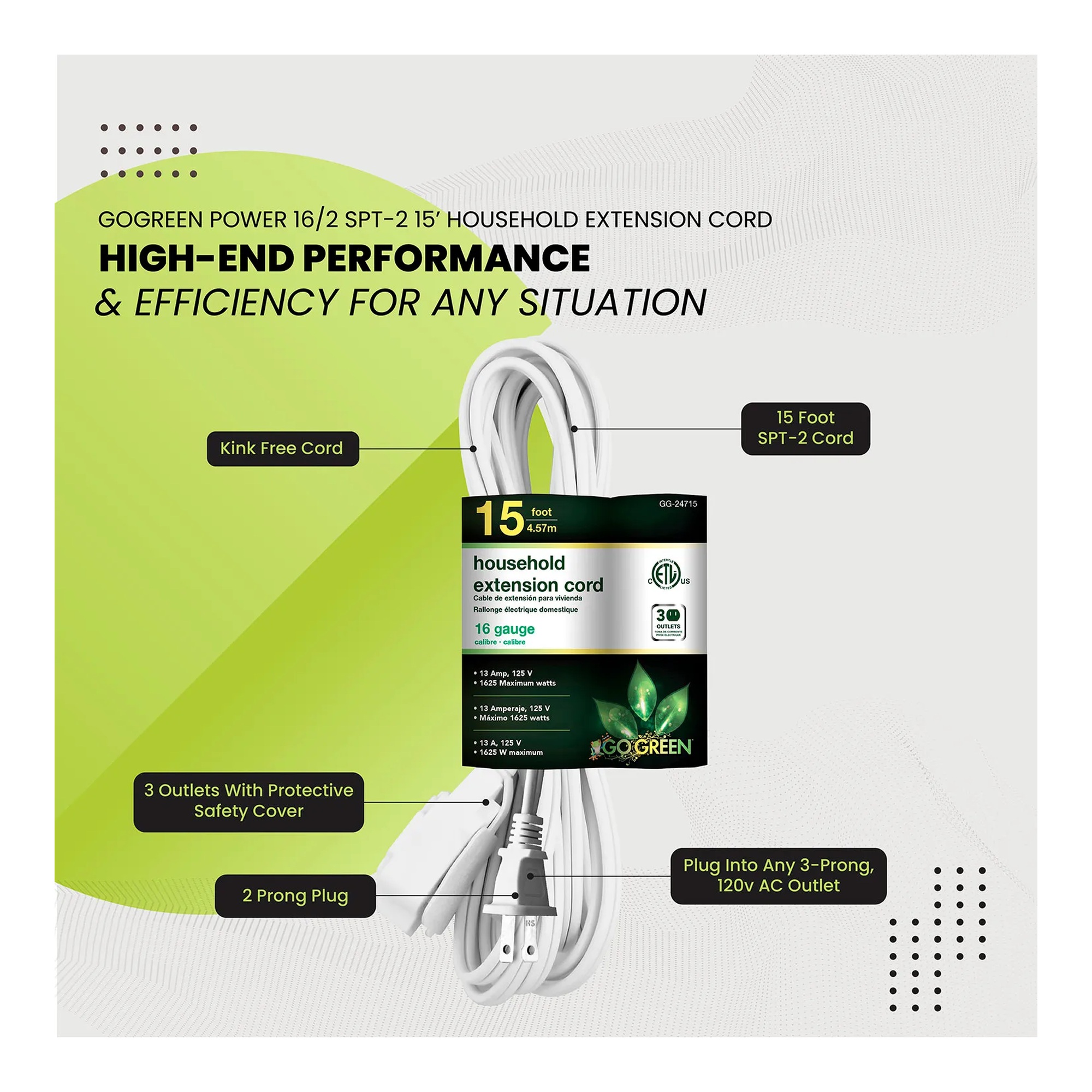 White 15 ft household extension cords, 3-pack