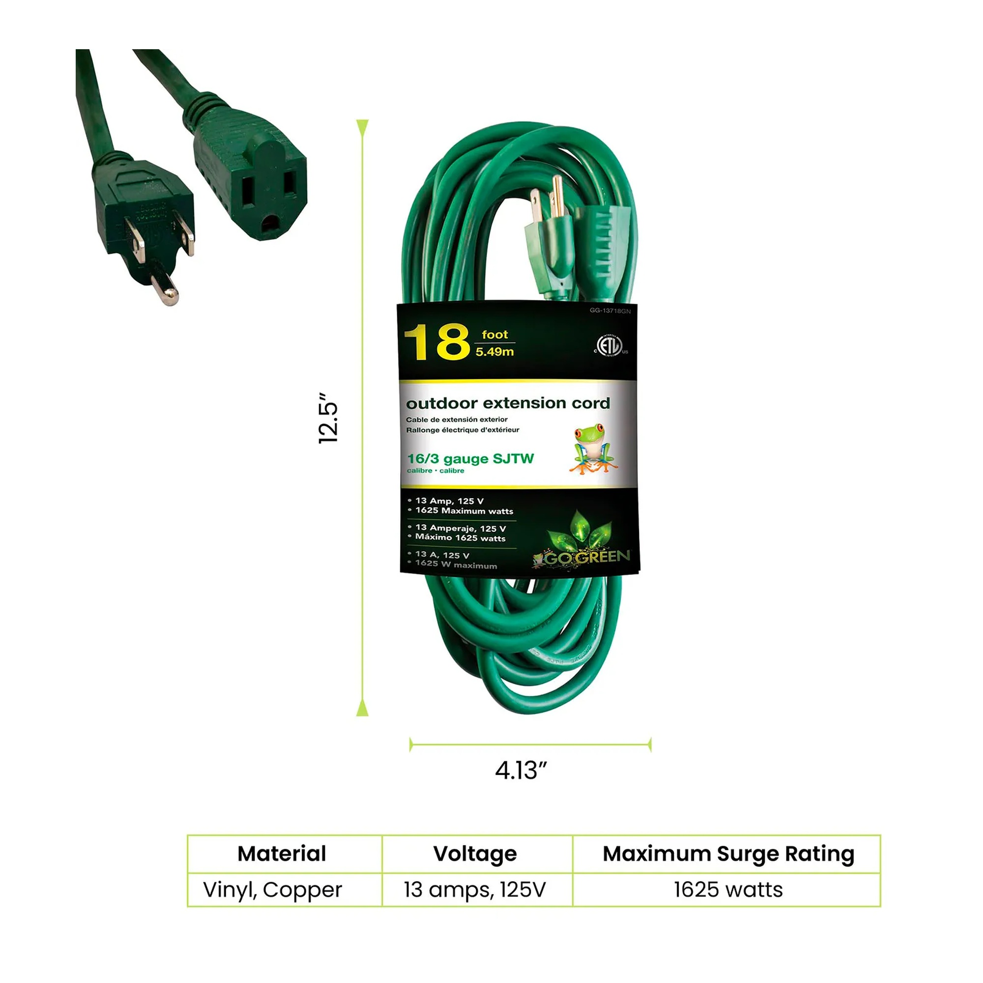 Green 18-foot 16/3 SJTW heavy-duty extension cord with molded plugs