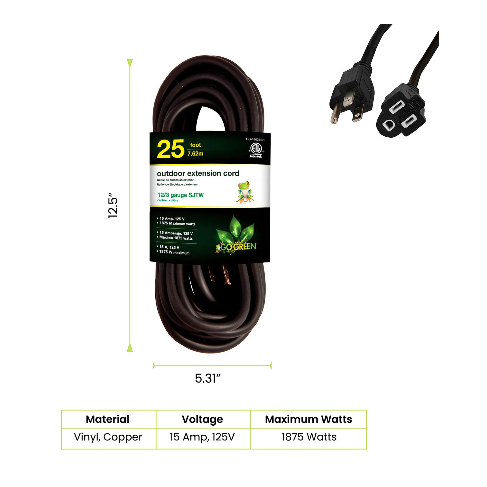 Black 25-foot heavy-duty 12/3 SJTW extension cord with single outlet