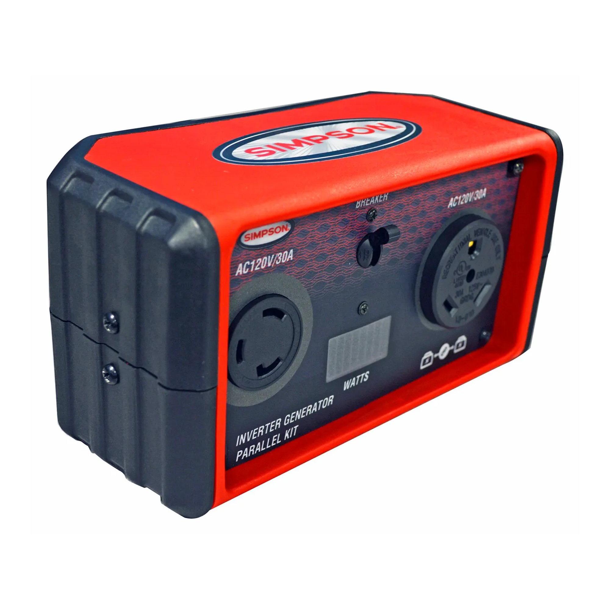 Black and red digital parallel box for connecting two inverter generators