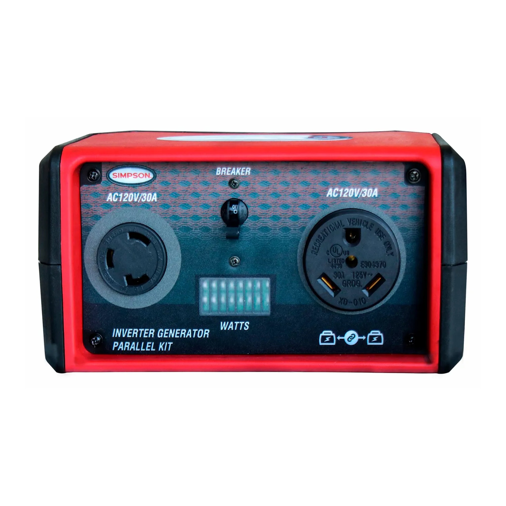 Black and red digital parallel box for connecting two inverter generators