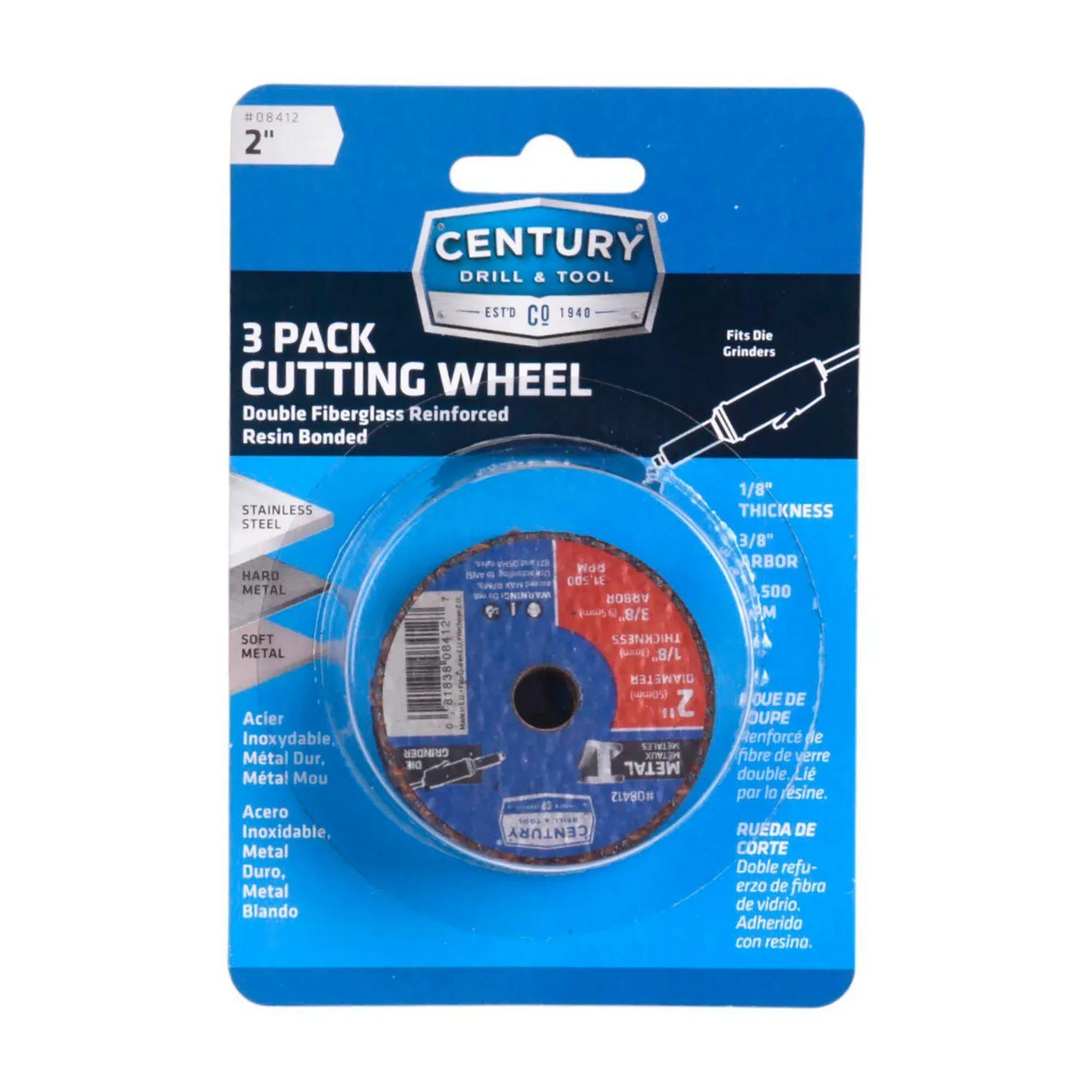 Three-pack of 2-inch by 1/8-inch aluminum oxide metal cutting wheels