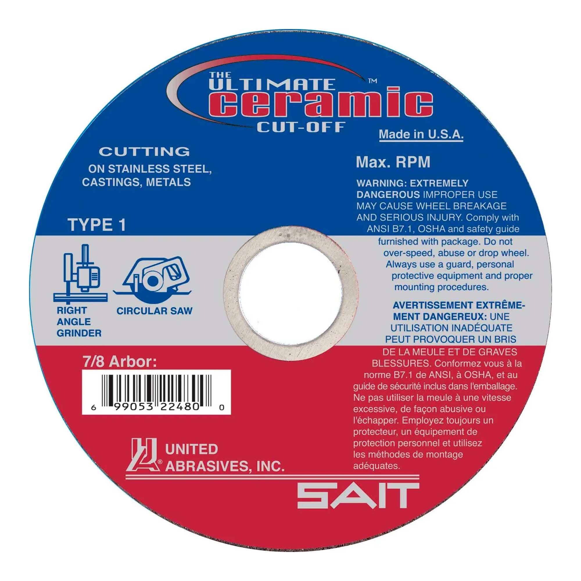 Type 1 Ceramic Aluminum Oxide Cut-Off Wheel, 5 in. x 0.045 in. x 7/8 in.