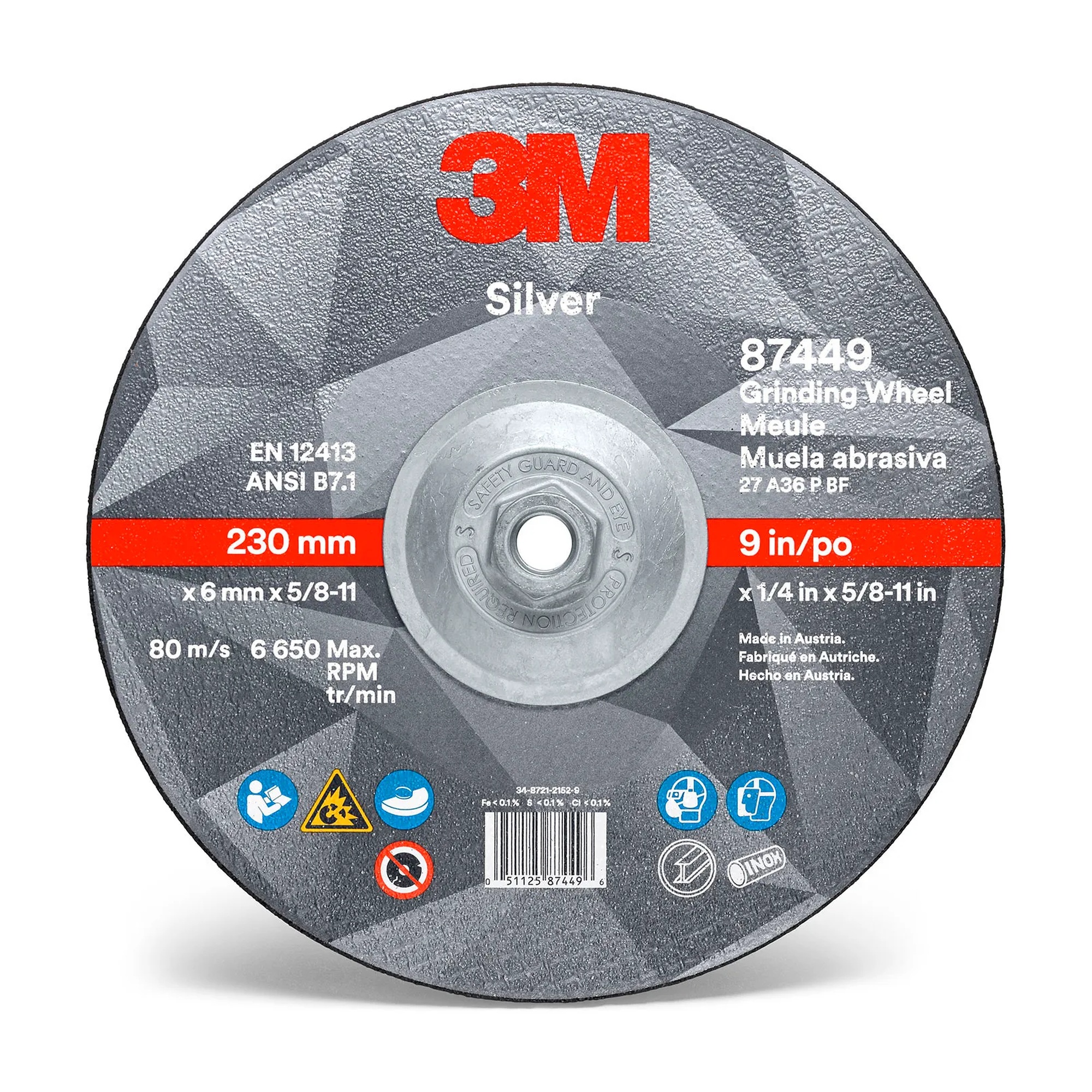 9-inch Type 27 depressed center grinding wheel with 36-grit ceramic grain