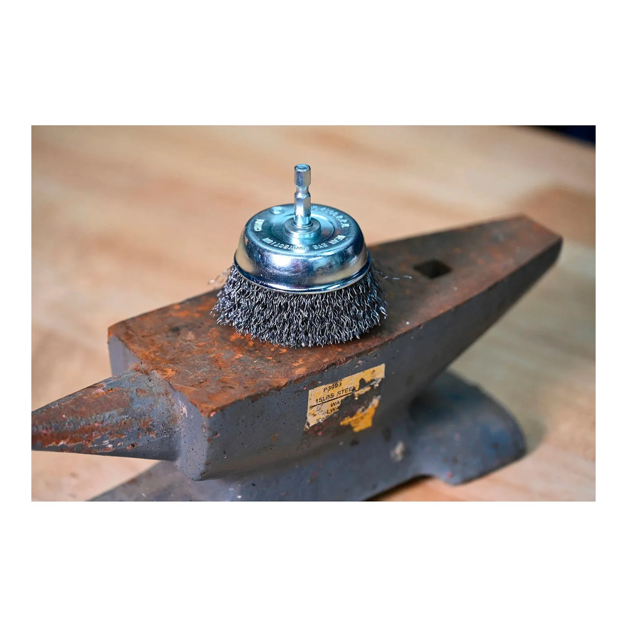 Crimped steel drill cup brush with 1/4 inch quick-change shank