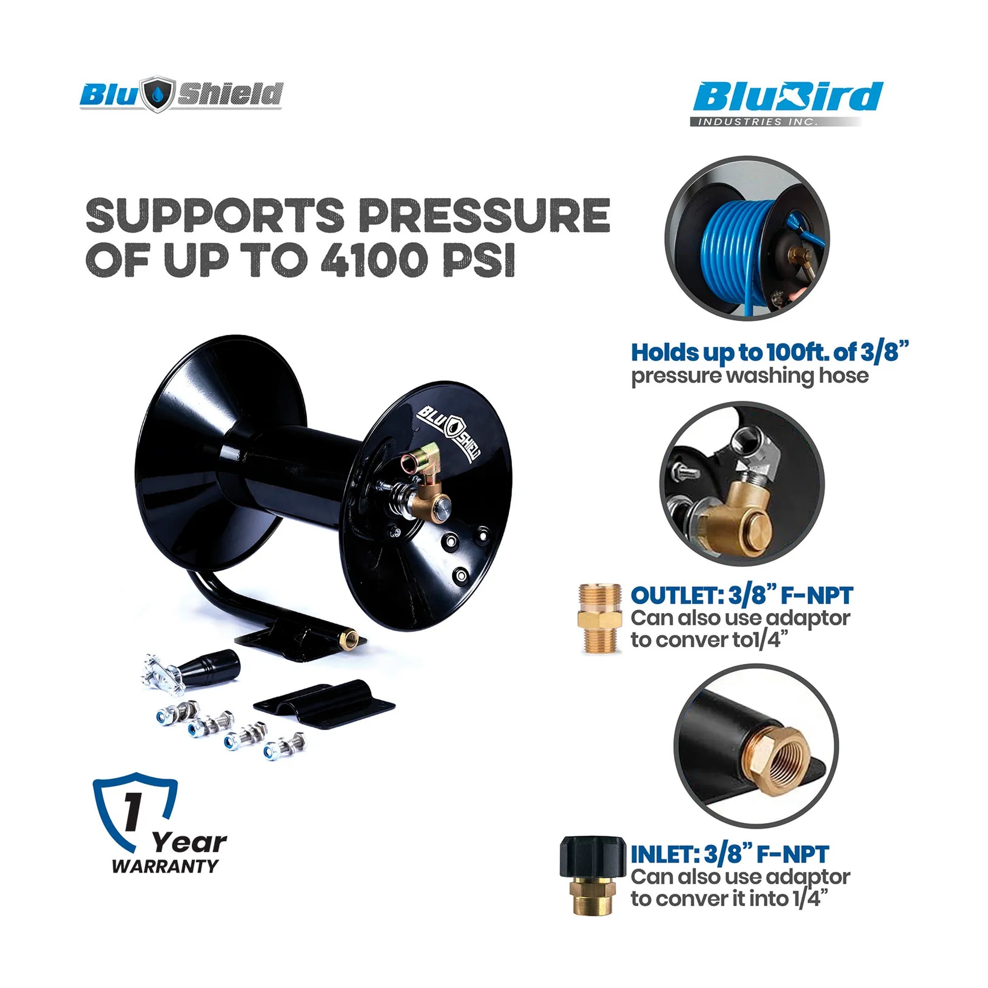 Blue steel manual pressure washer hose reel with hand crank