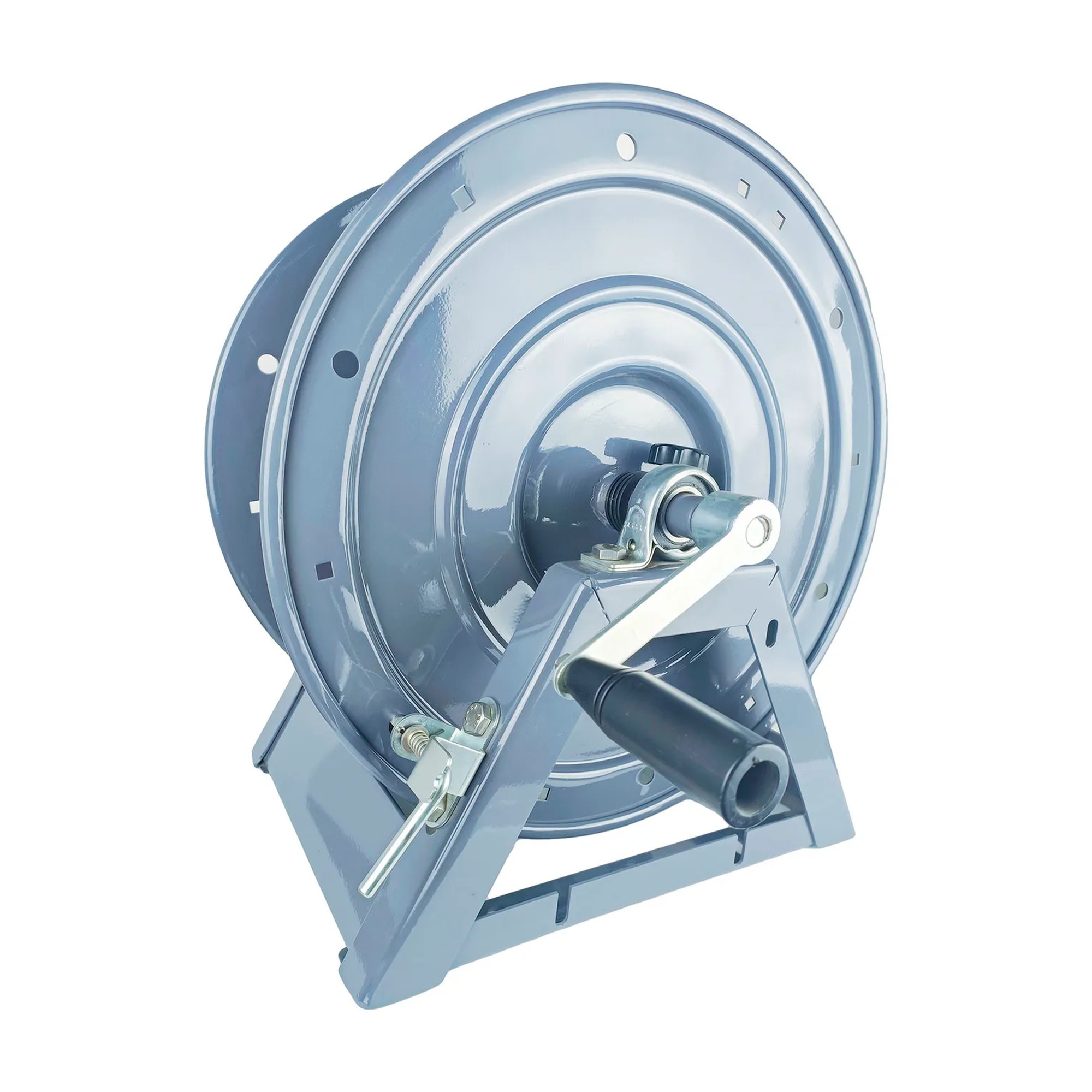 Blue steel A-frame pressure washer hose reel with hand crank