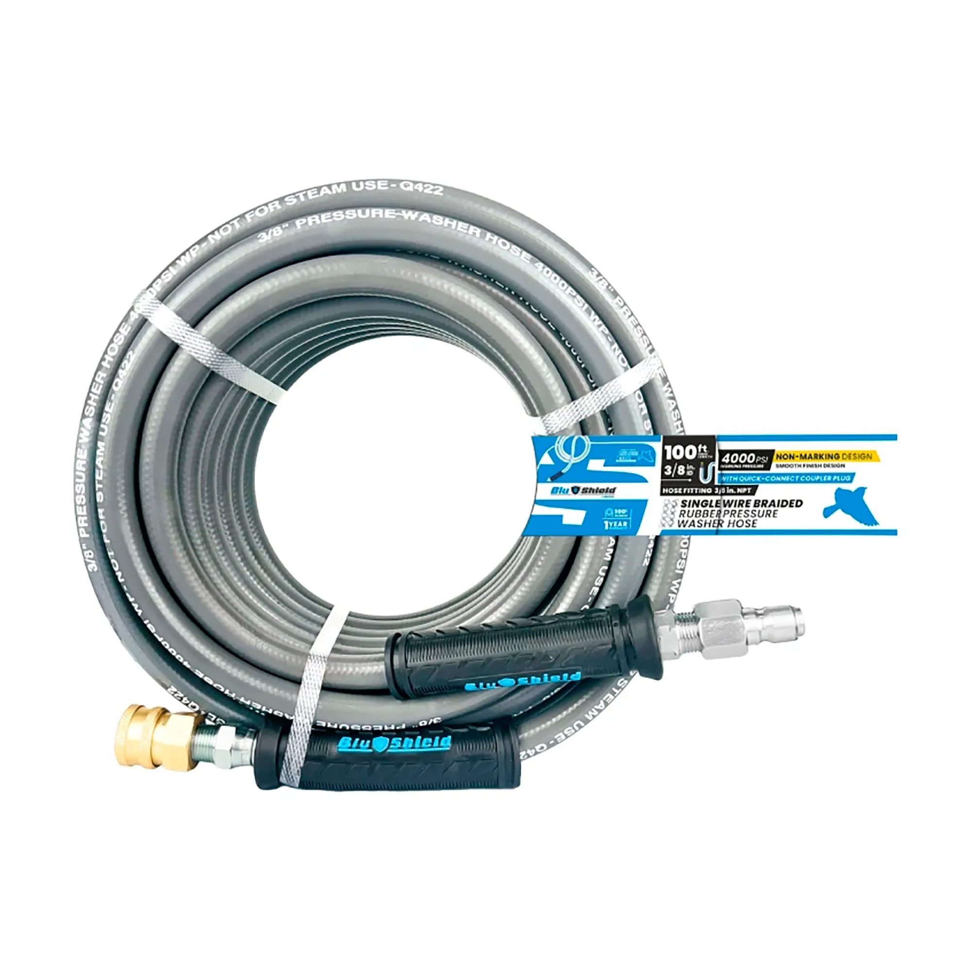 Blue single-wire 3/8 inch by 100 foot pressure washer hose