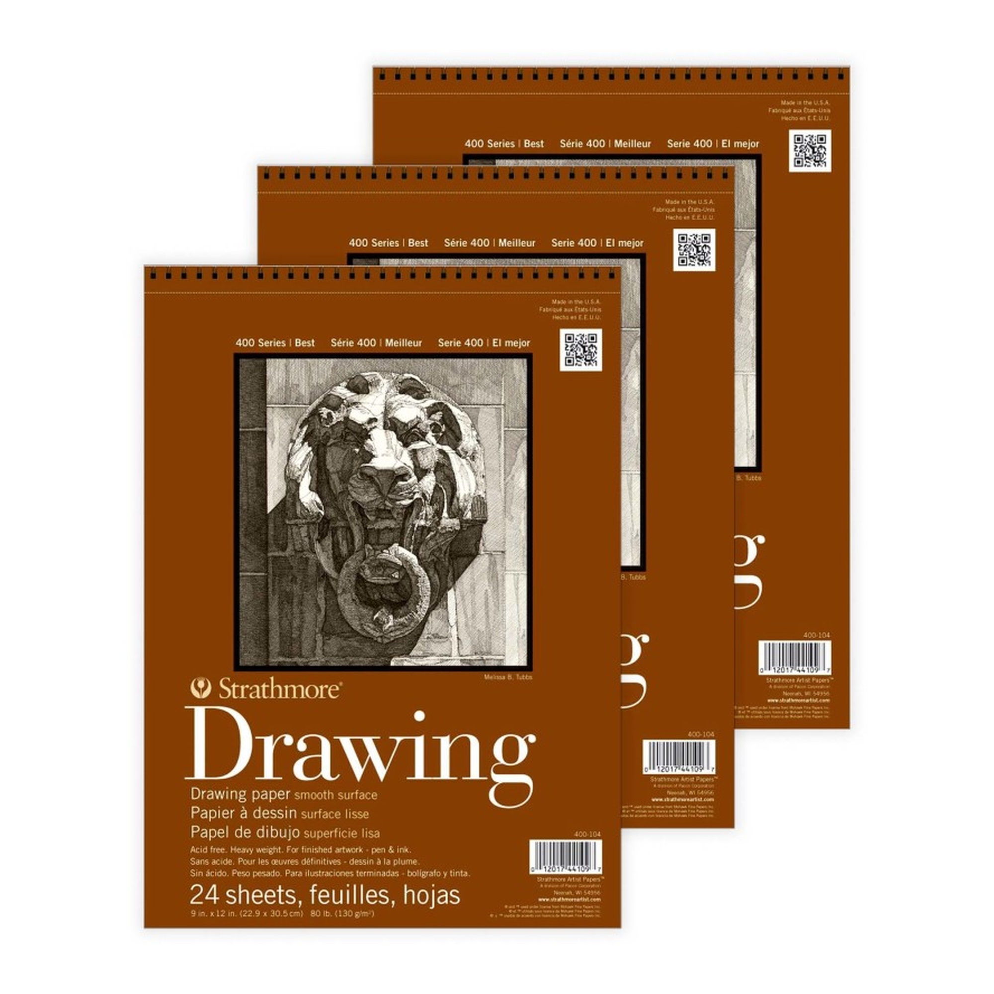 400 Series Smooth Drawing Paper Pads, 9 x 12 Inches, Pack of 3
