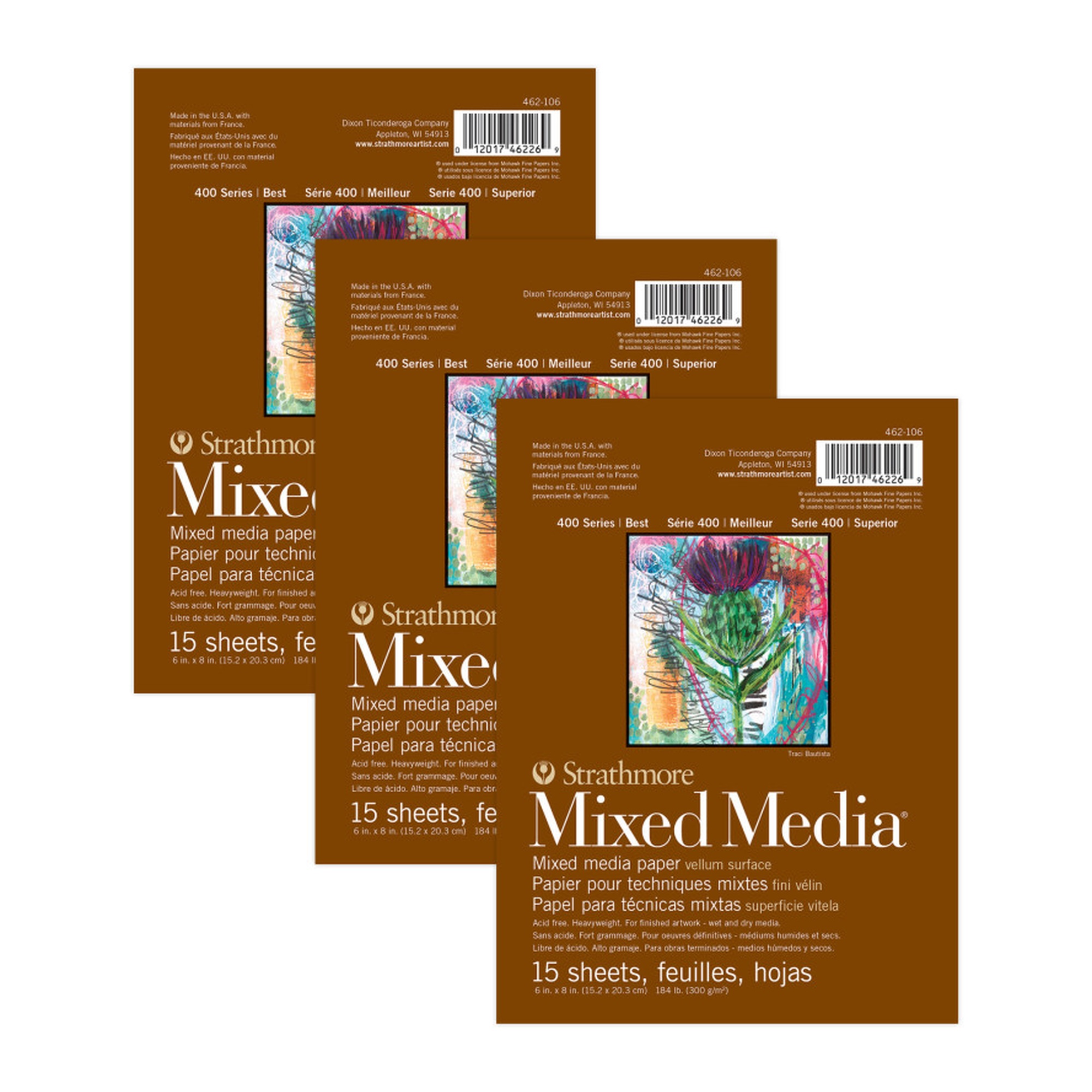 400 Series Mixed Media Paper Pads, 6 x 8 in., 15 Sheets, Pack of 3