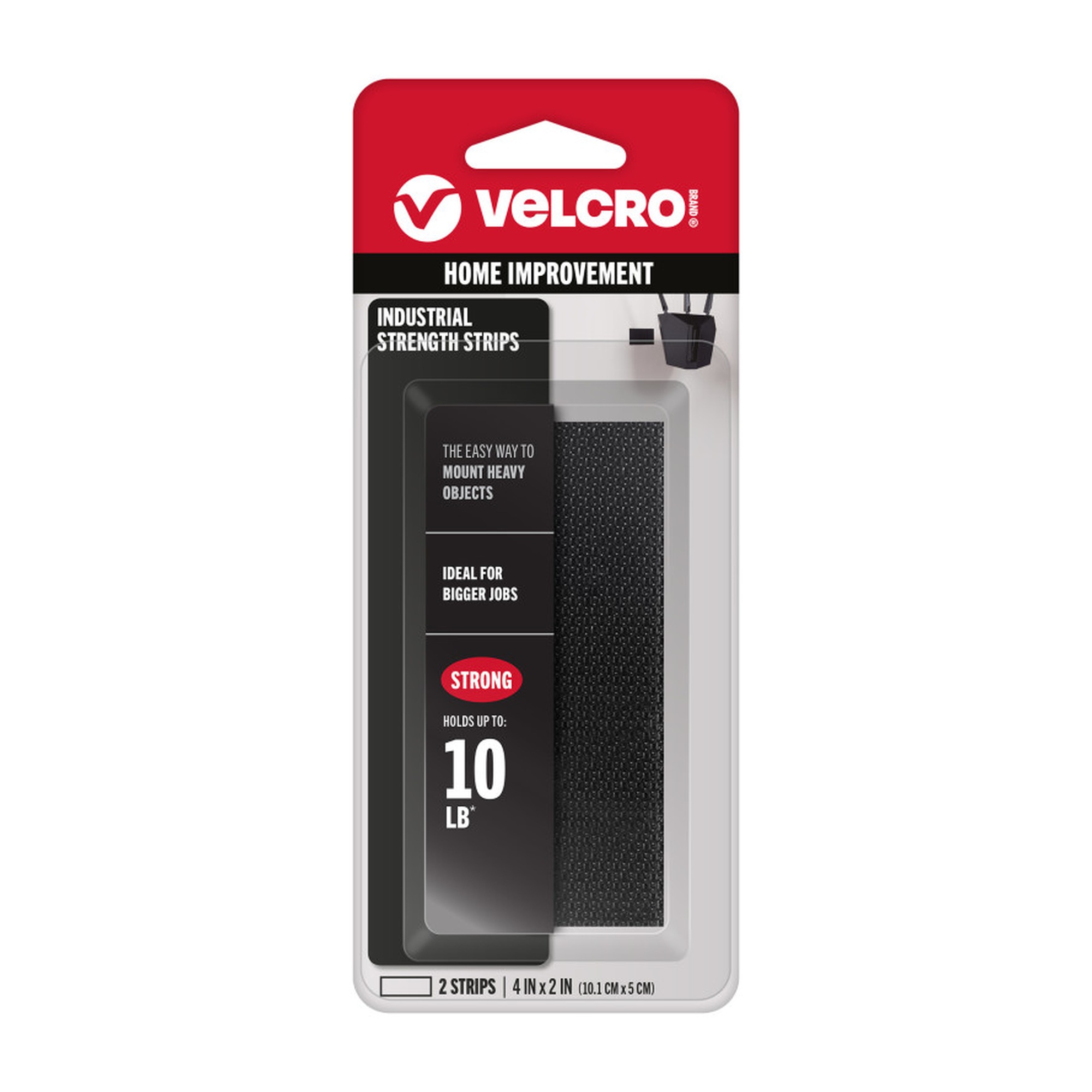 Industrial Strength Hook and Loop Strips, Black, 4 x 2 in., 2-Pack