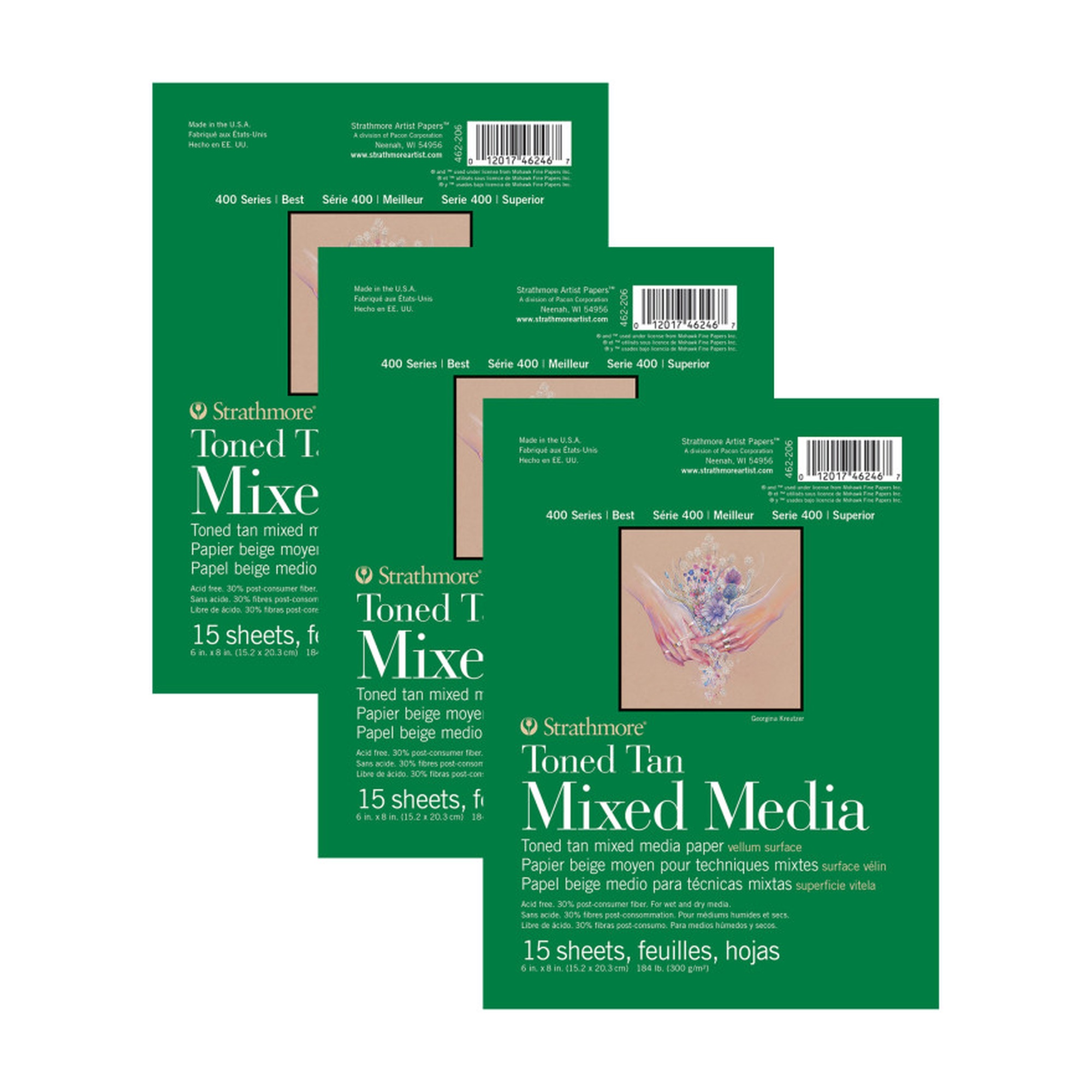400 Series Toned Tan Mixed Media Pads, 6 x 8 in., 15 Sheets, Pack of 3