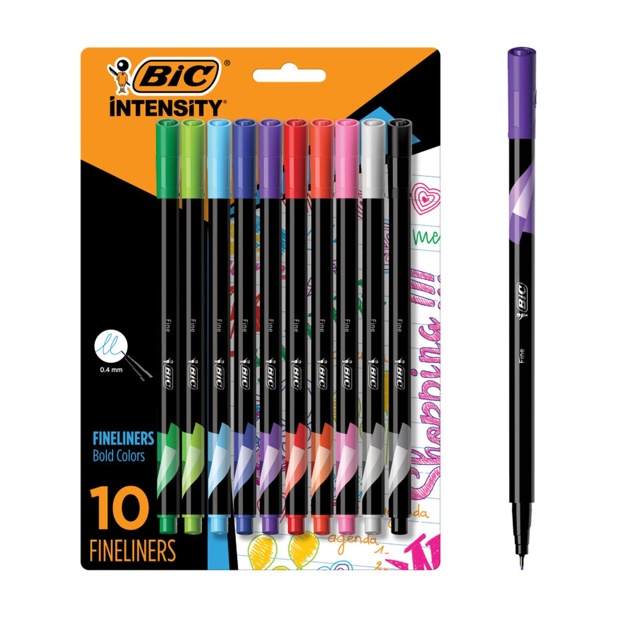 Intensity Fineliner Marker Pens, 0.4 mm Fine Tip, Assorted Colors, 10-Pack