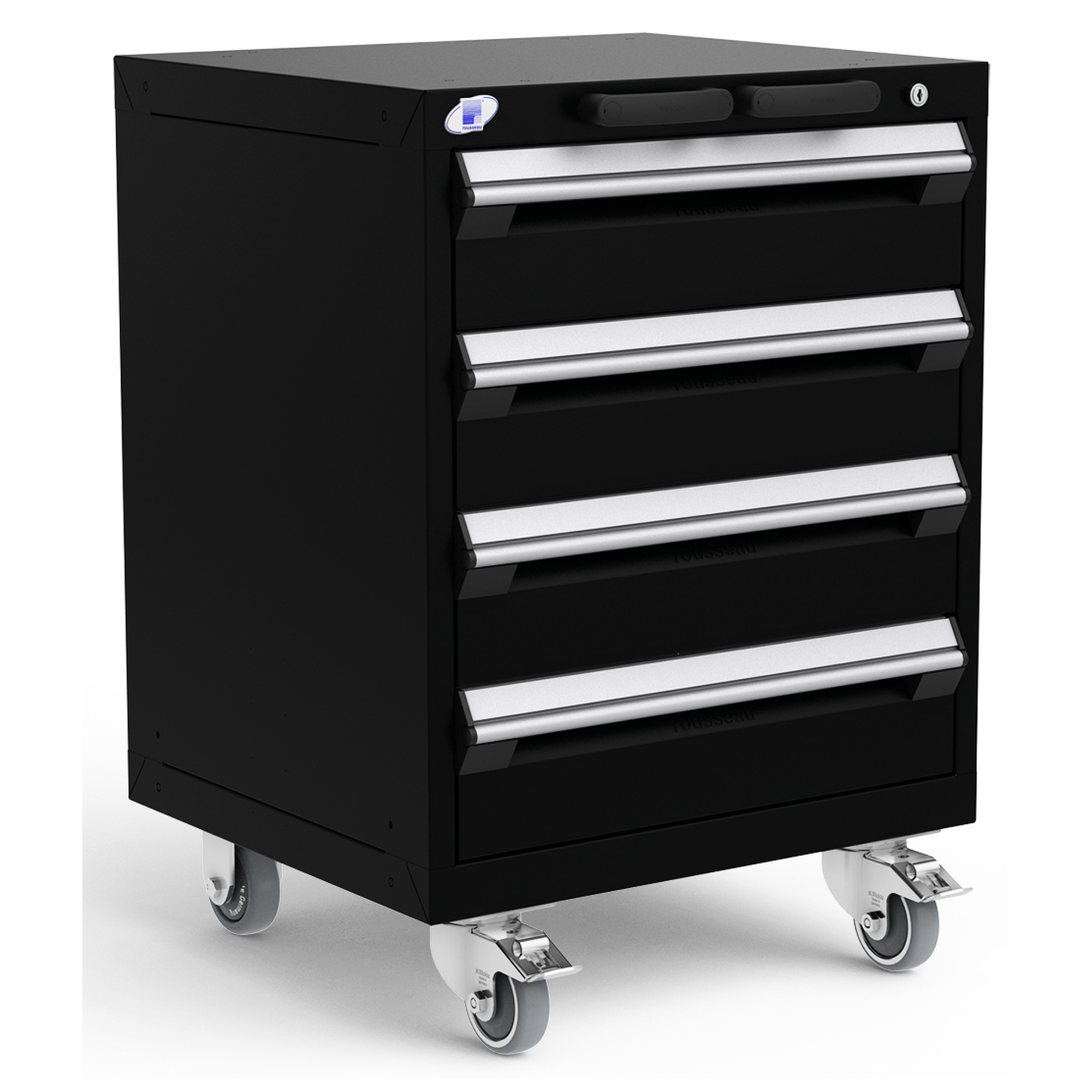 4-Drawer Heavy-Duty Mobile Cabinet, 24"W x 21"D x 33.13"H - With Dividers - Drawer heights: 4 6"H - Glossy Black