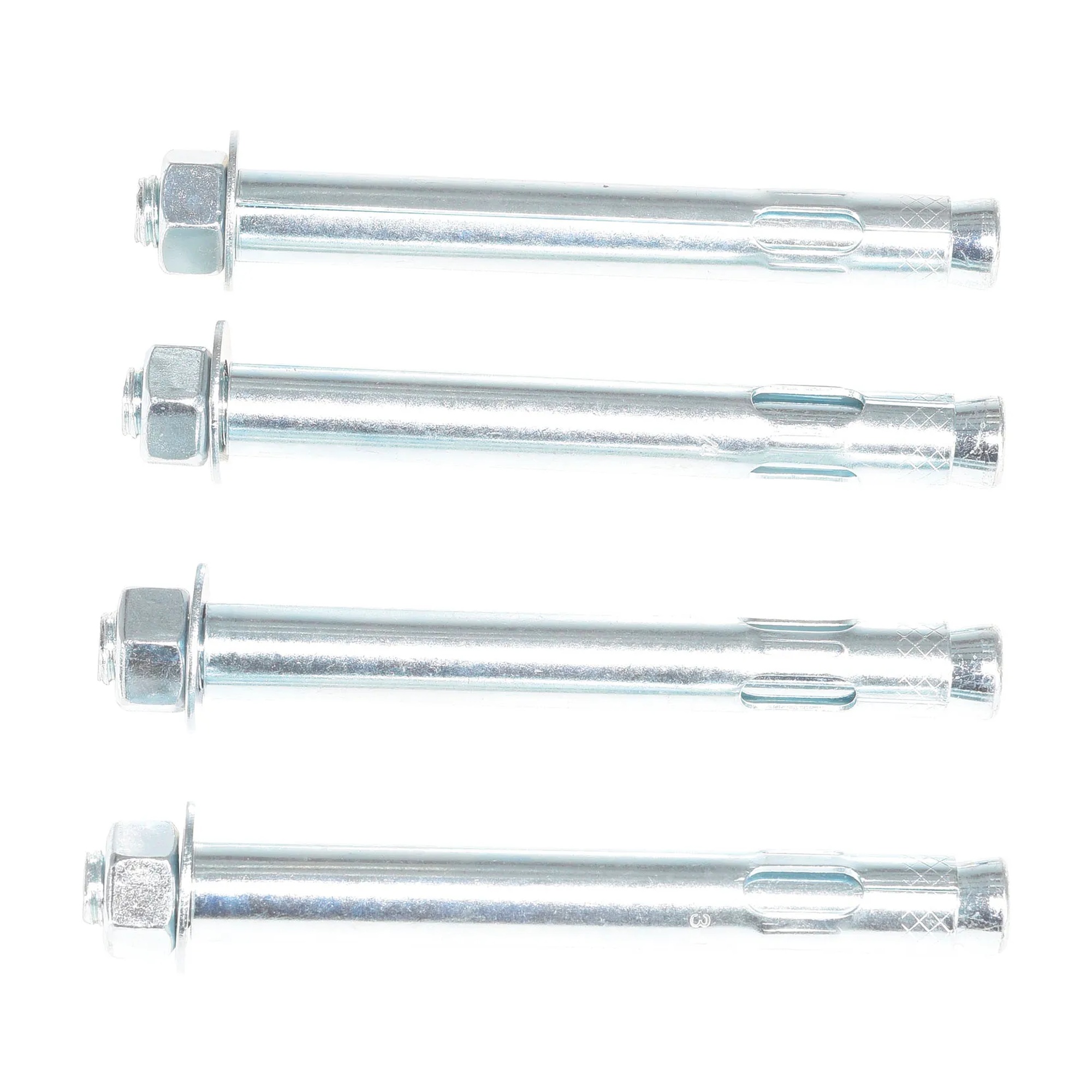 Four zinc-plated steel concrete sleeve anchor bolts, 3/4 in. x 6 in.