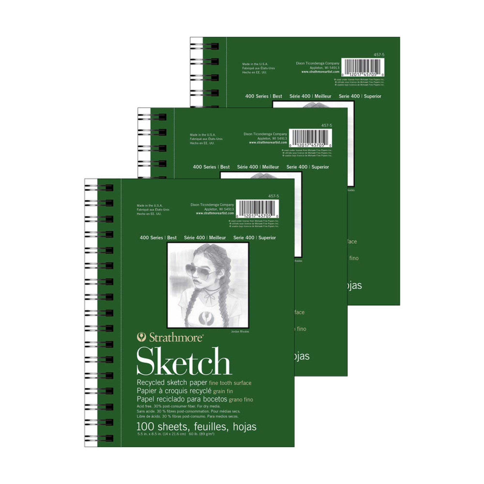Recycled Side-Wire Sketch Pad, 100 Sheets, 5.5 x 8.5 in., Pack of 3