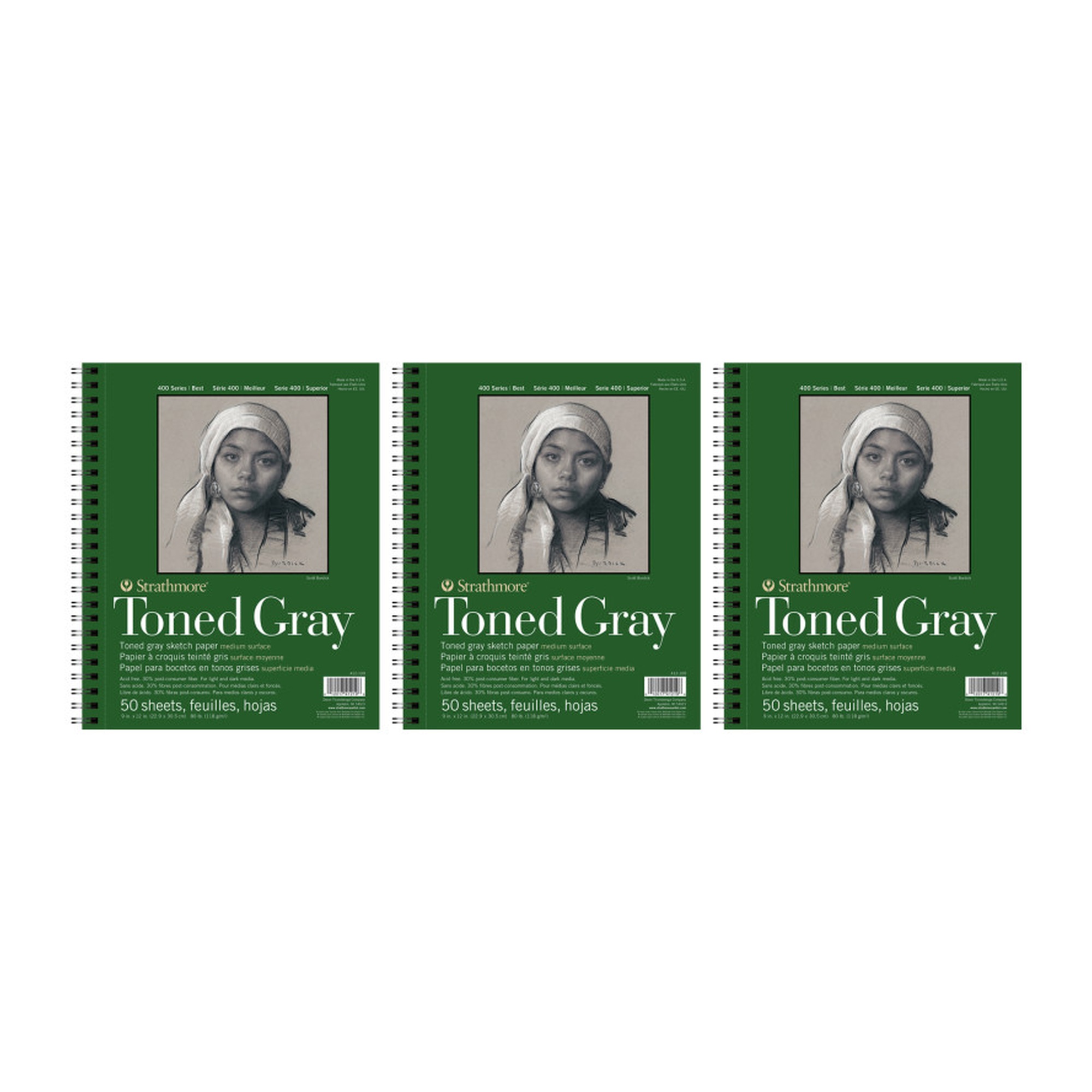 400 Series Toned Gray Recycled Sketch Pad, 9 x 12 in., 50 Sheets, Pack of 3