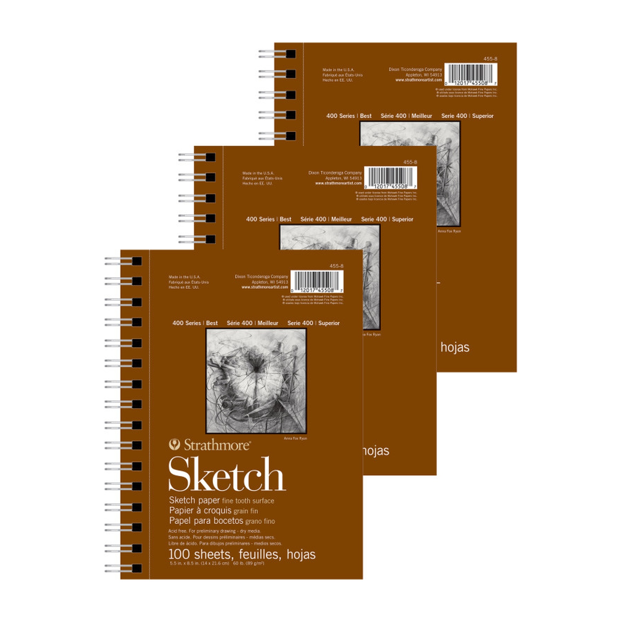 400 Series Side-Wire Sketch Pads, 100 Sheets, 5.5 x 8.5 in., Pack of 3