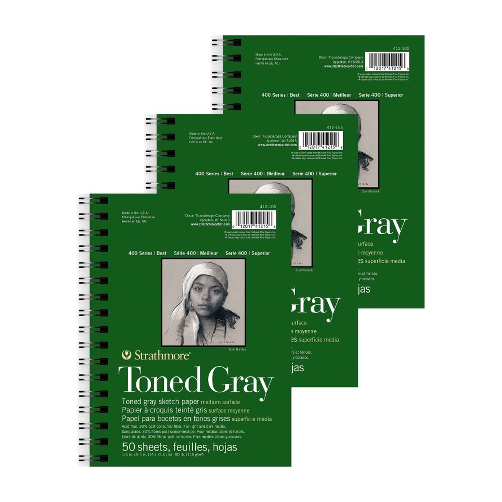 400 Series Recycled Toned Gray Sketch Paper Pad, 5.5 x 8.5 in., 50 Sheets, Pack of 3