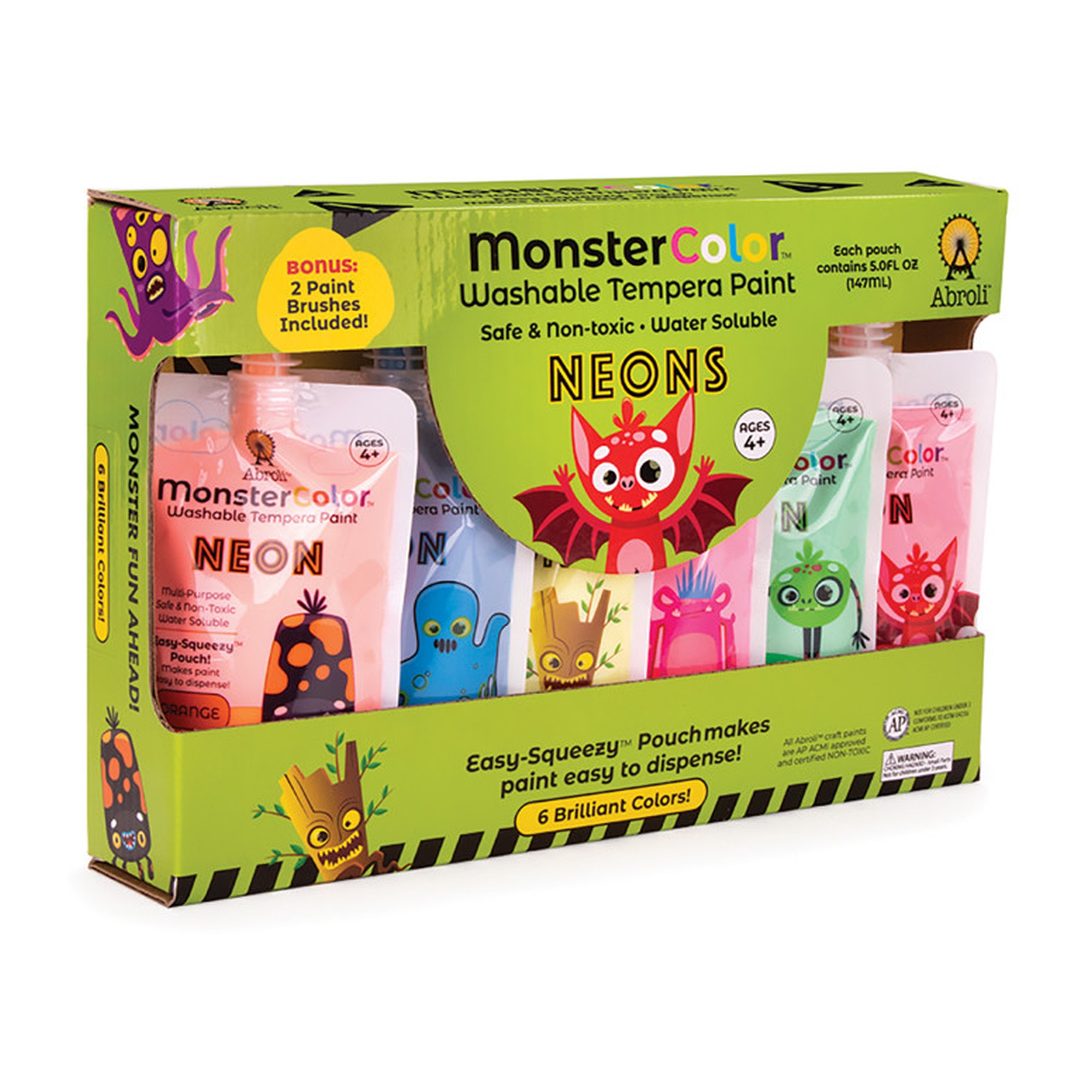 Washable Neon Tempera Paint Pouches, 5 oz, 6 Pack