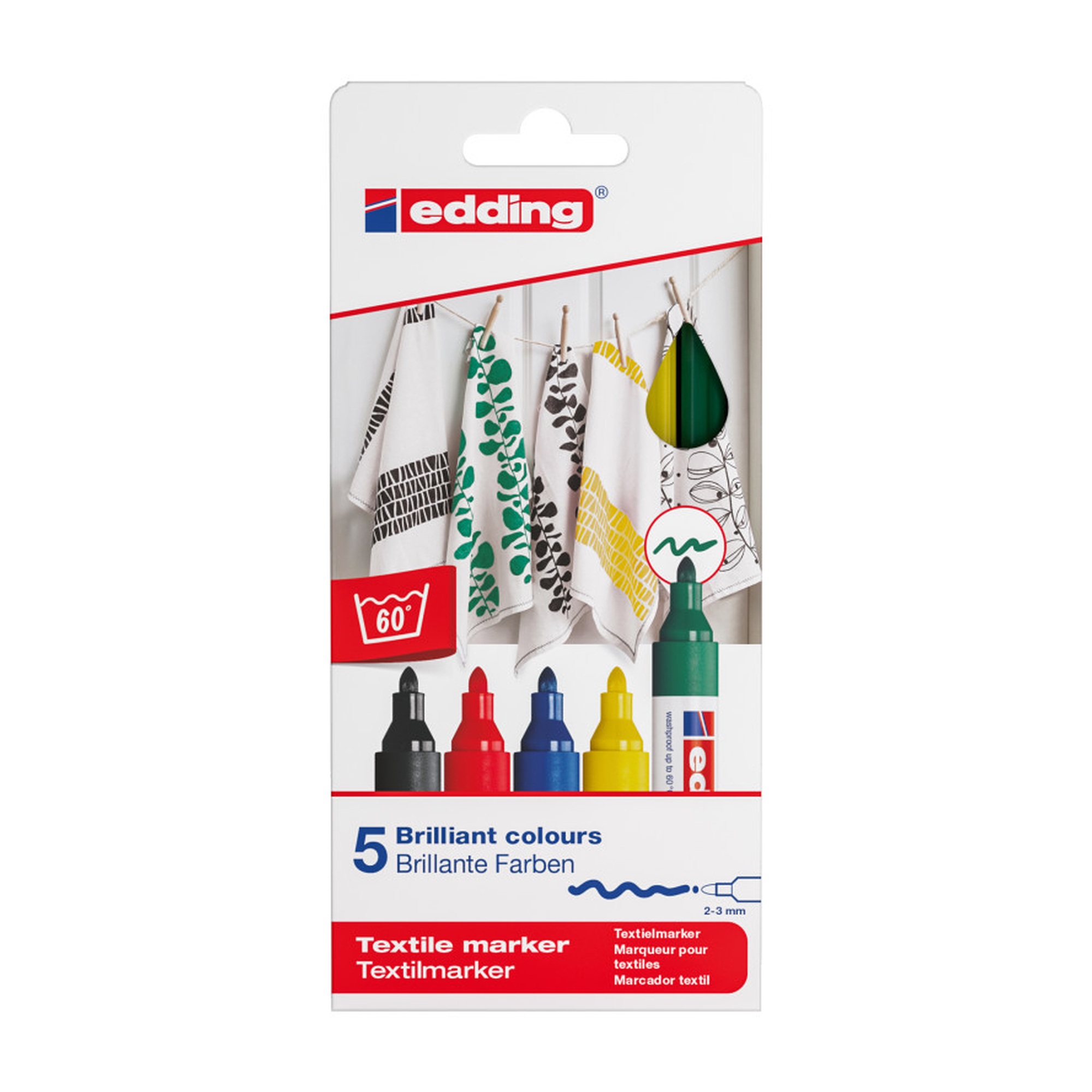 Textile Markers, Assorted Basic Colors, Set of 5