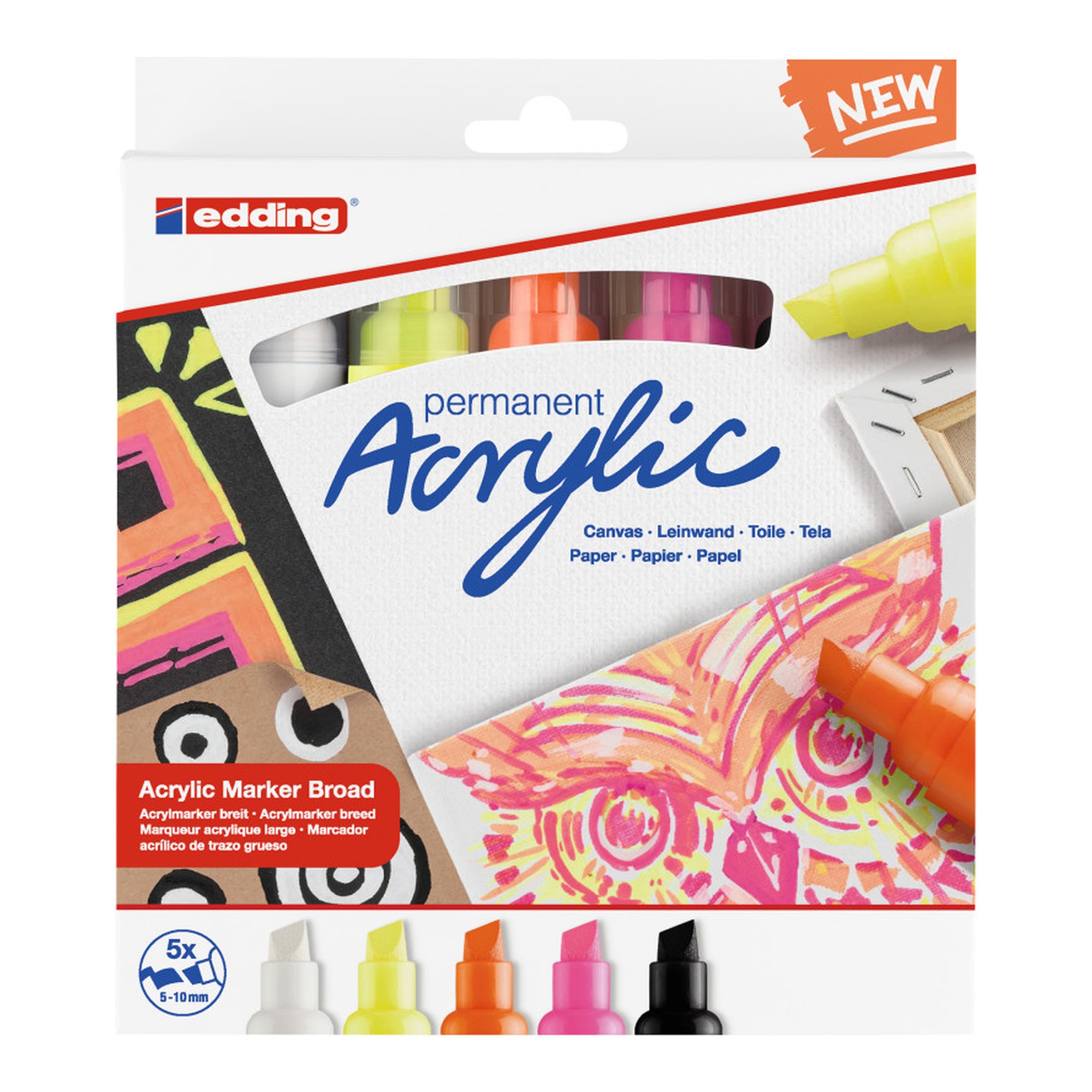 Neon Acrylic Paint Markers, Broad Chisel Tip, 5-Pack