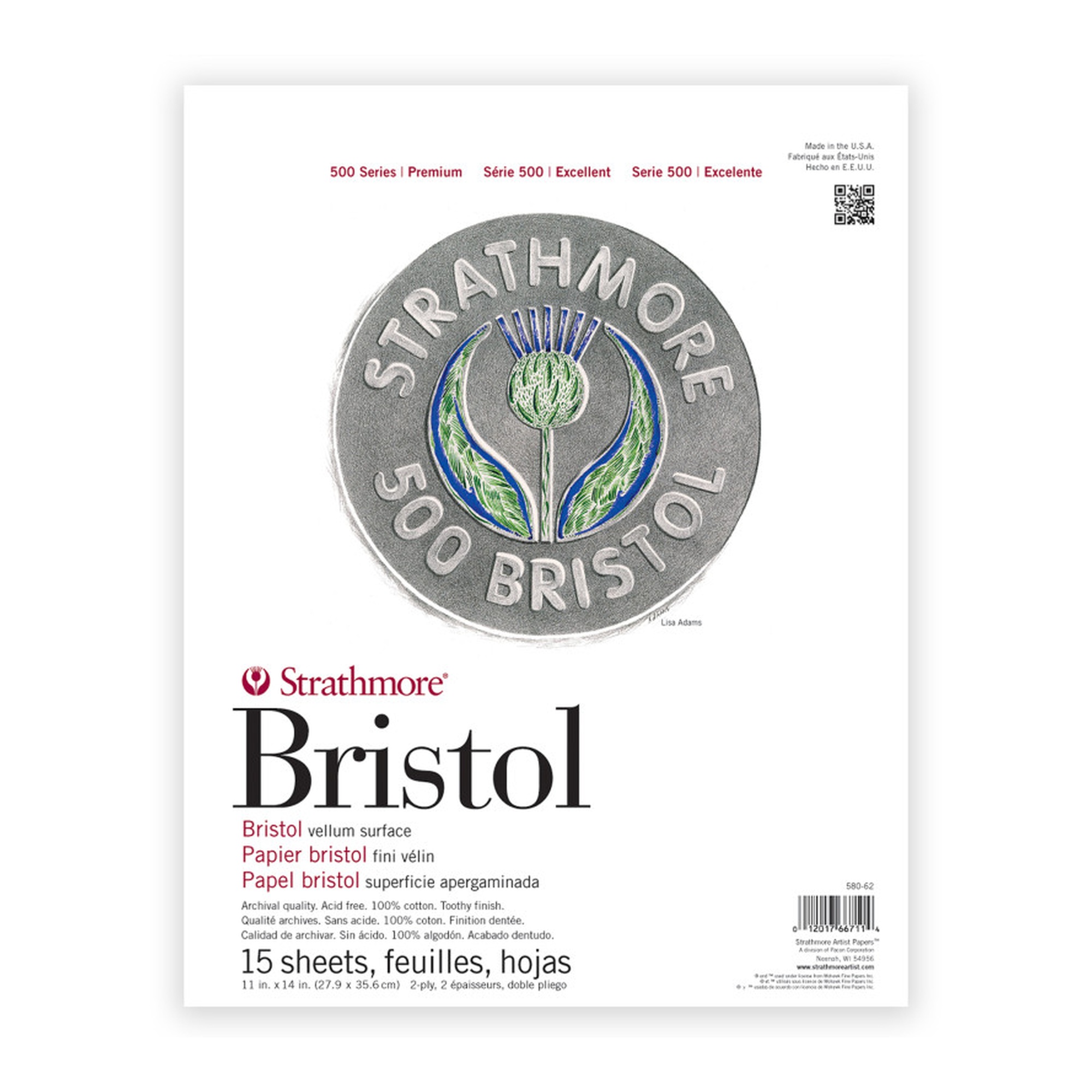 500 Series Vellum Bristol Paper Pad, 11 x 14 Inches, 15 Sheets