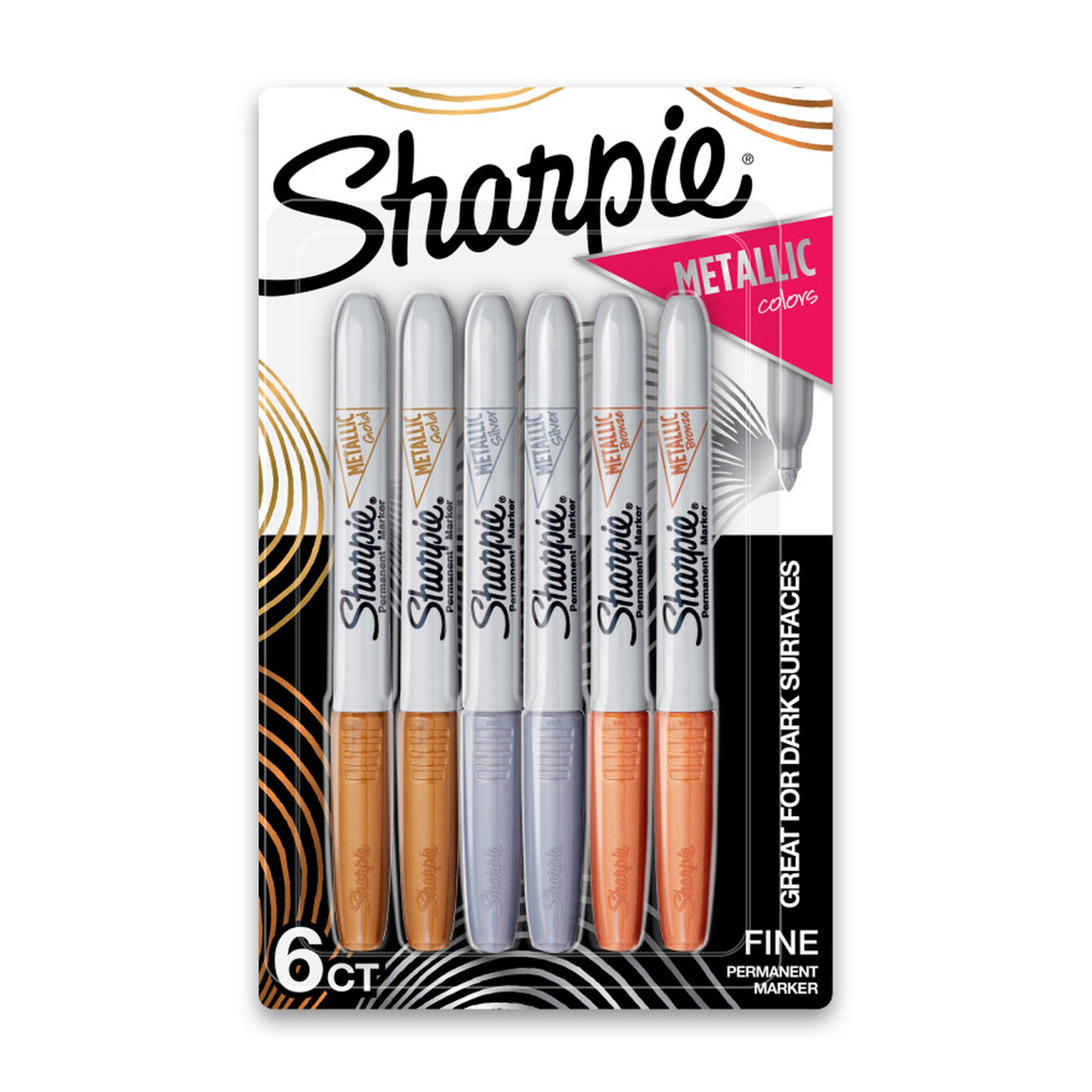 Metallic Permanent Markers, Fine Point, Assorted Colors, 6-Pack